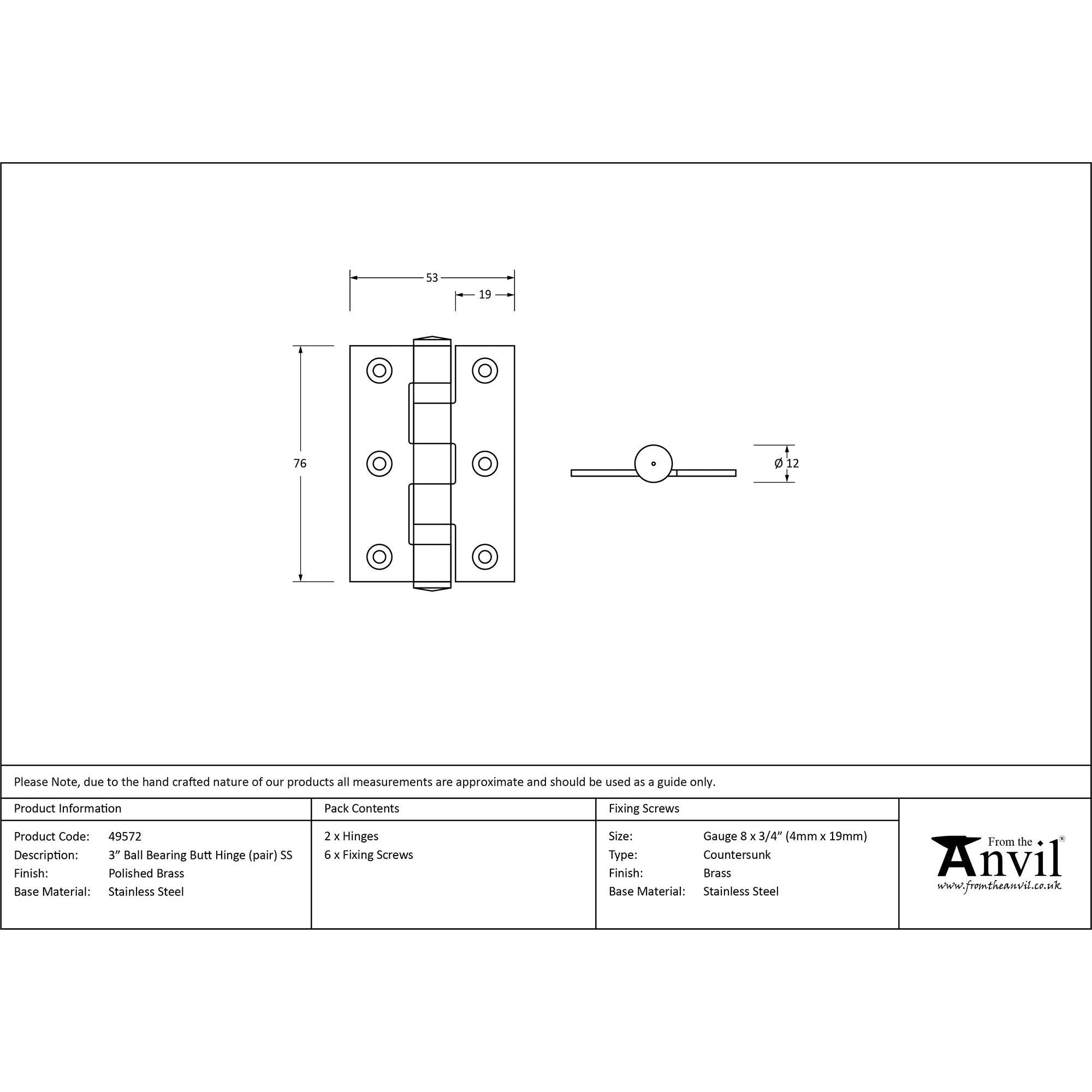 Polished Brass 3" Ball Bearing Butt Hinge (pair) ss | From The Anvil - Butt Hinges - From The Anvil - Yester Home