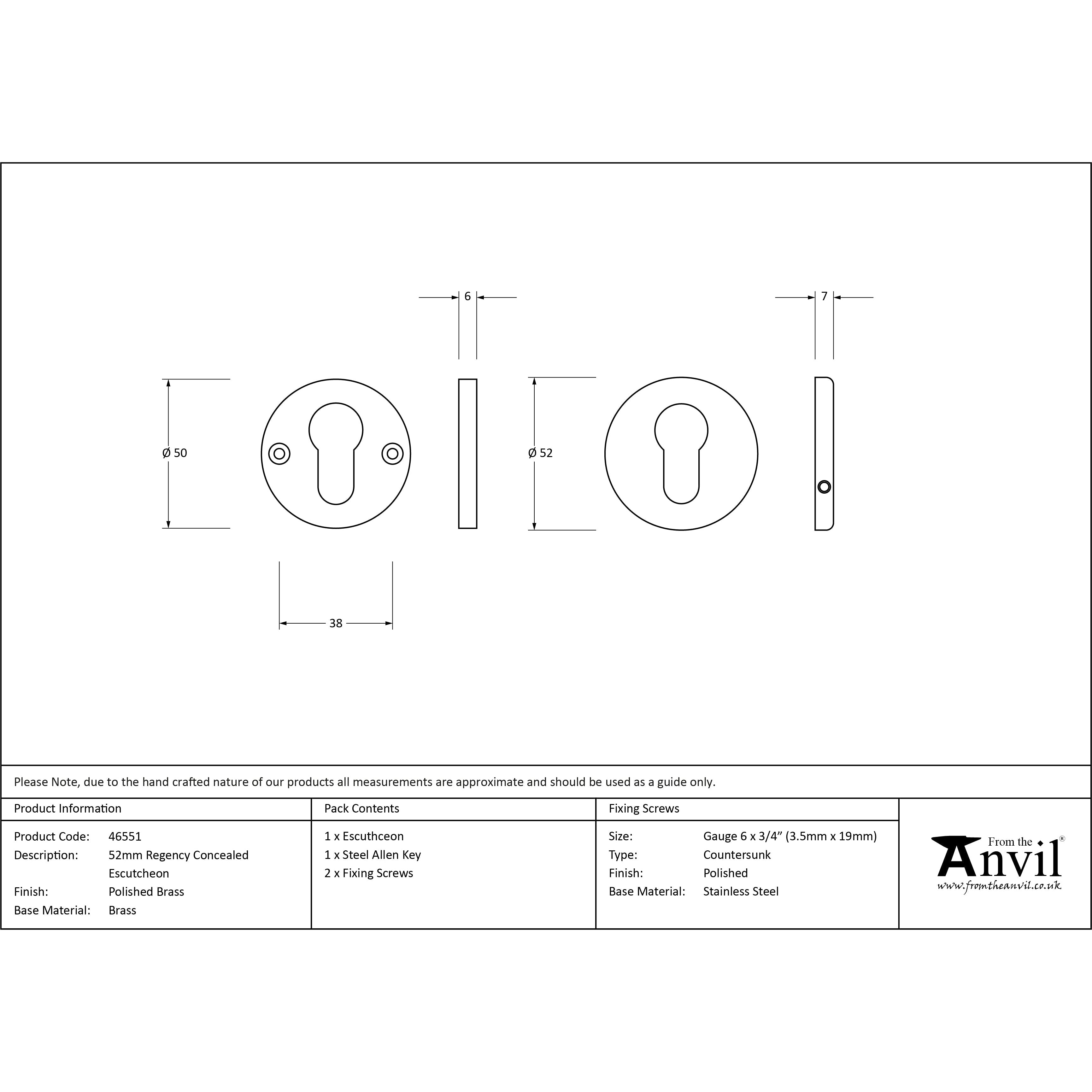Polished Brass 52mm Regency Concealed Escutcheon | From The Anvil-Euro Escutcheons-Yester Home