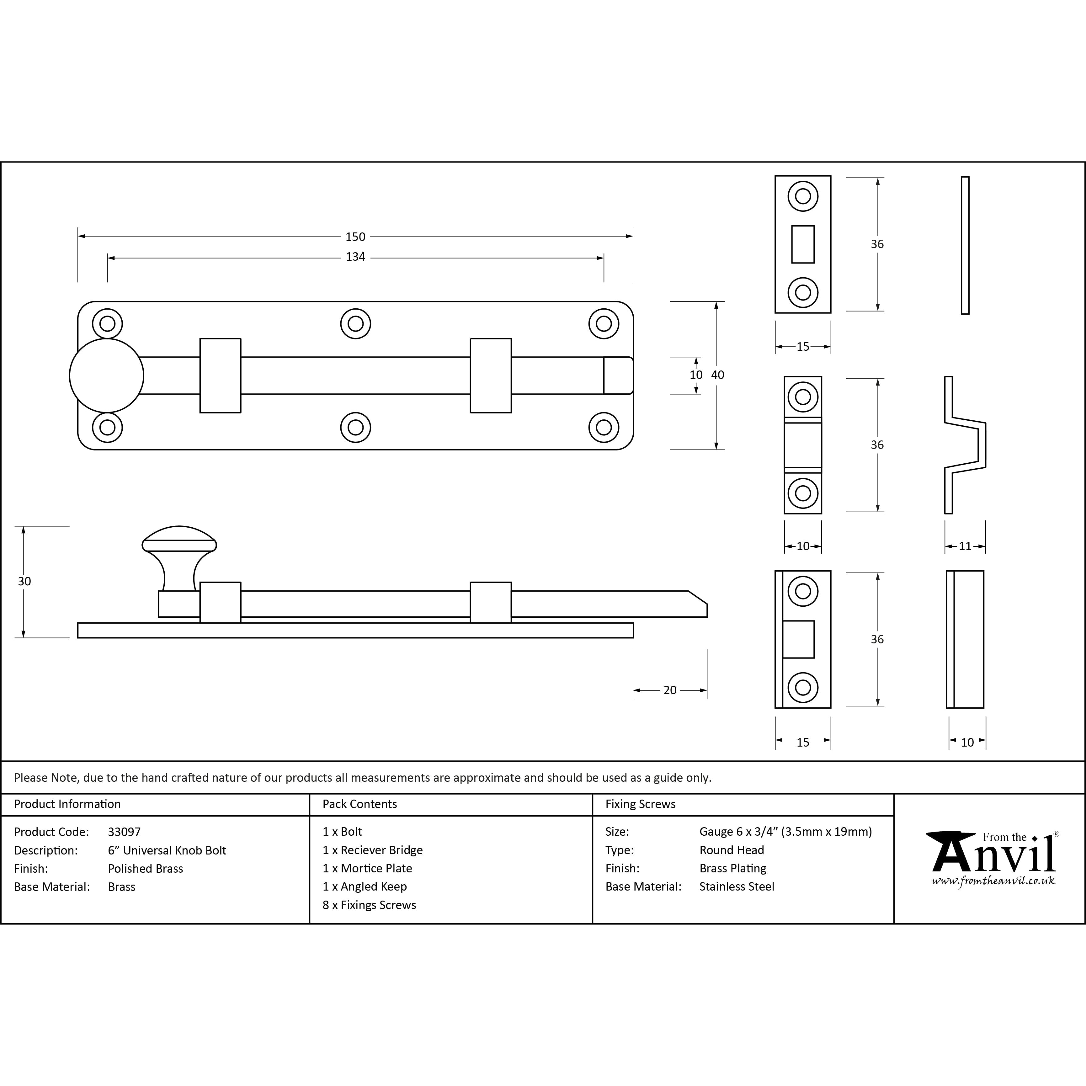 Polished Brass 6" Universal Bolt | From The Anvil-Bolts-Yester Home