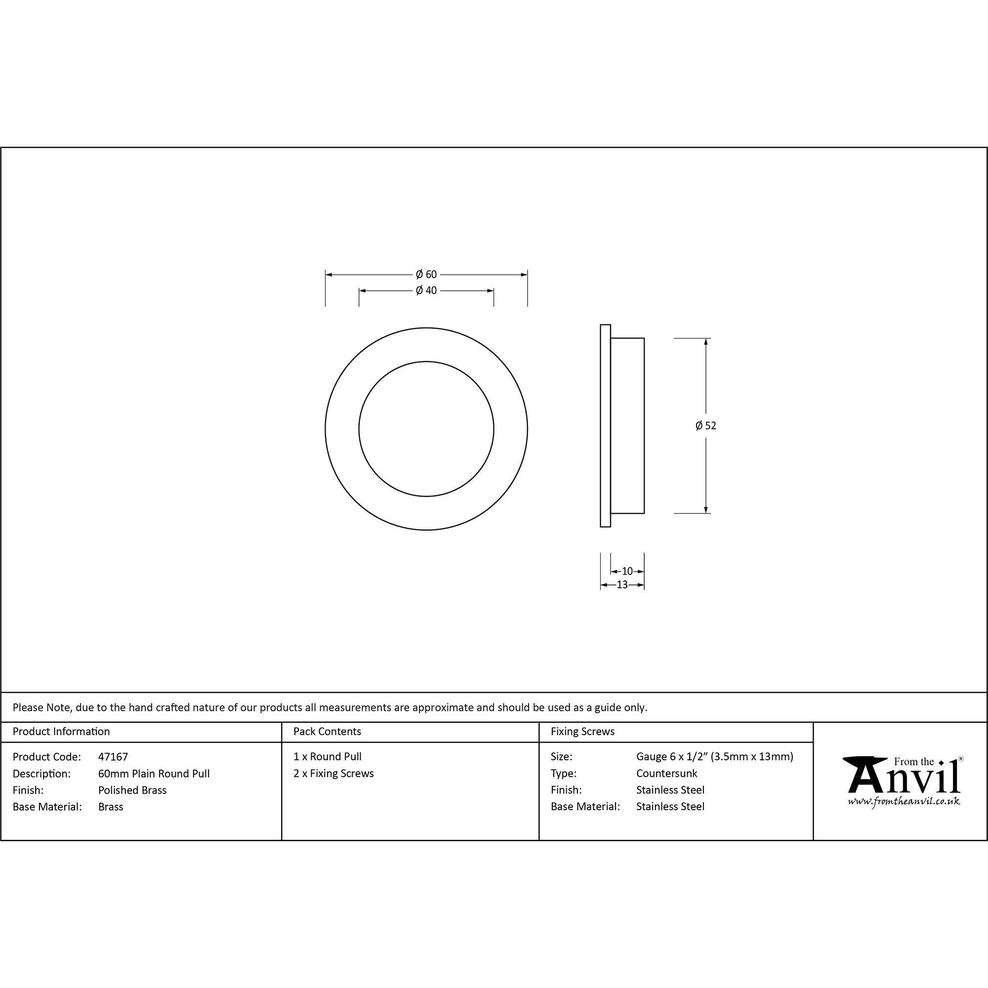 Polished Brass 60mm Plain Round Pull | From The Anvil - Cabinet Pulls - From The Anvil - Yester Home