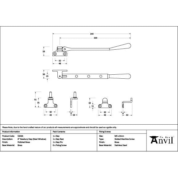 Polished Brass 8" Newbury Stay (Steel Window) - Stays - From The Anvil - Yester Home
