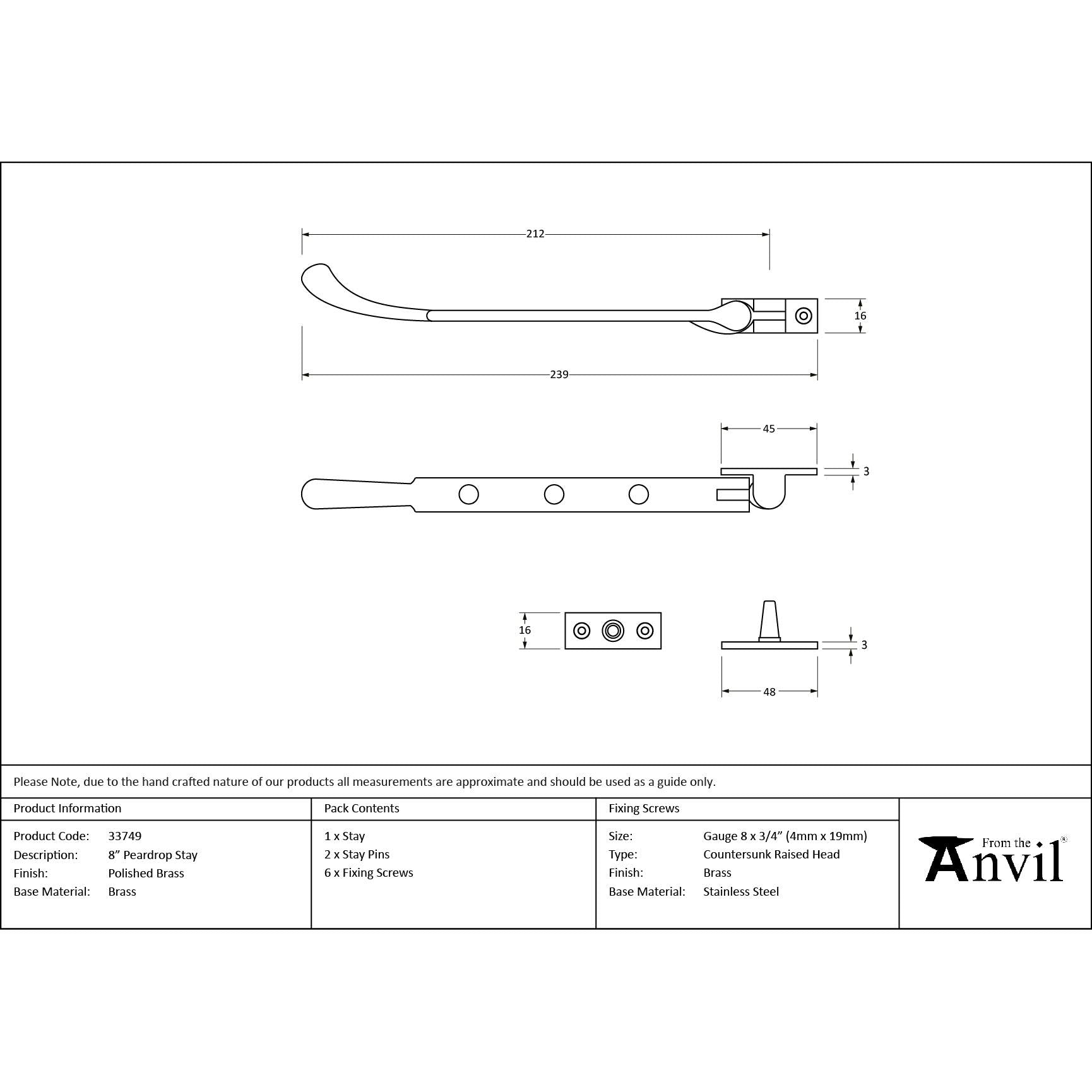 Polished Brass 8" Peardrop Stay | From The Anvil - Stays - From The Anvil - Yester Home