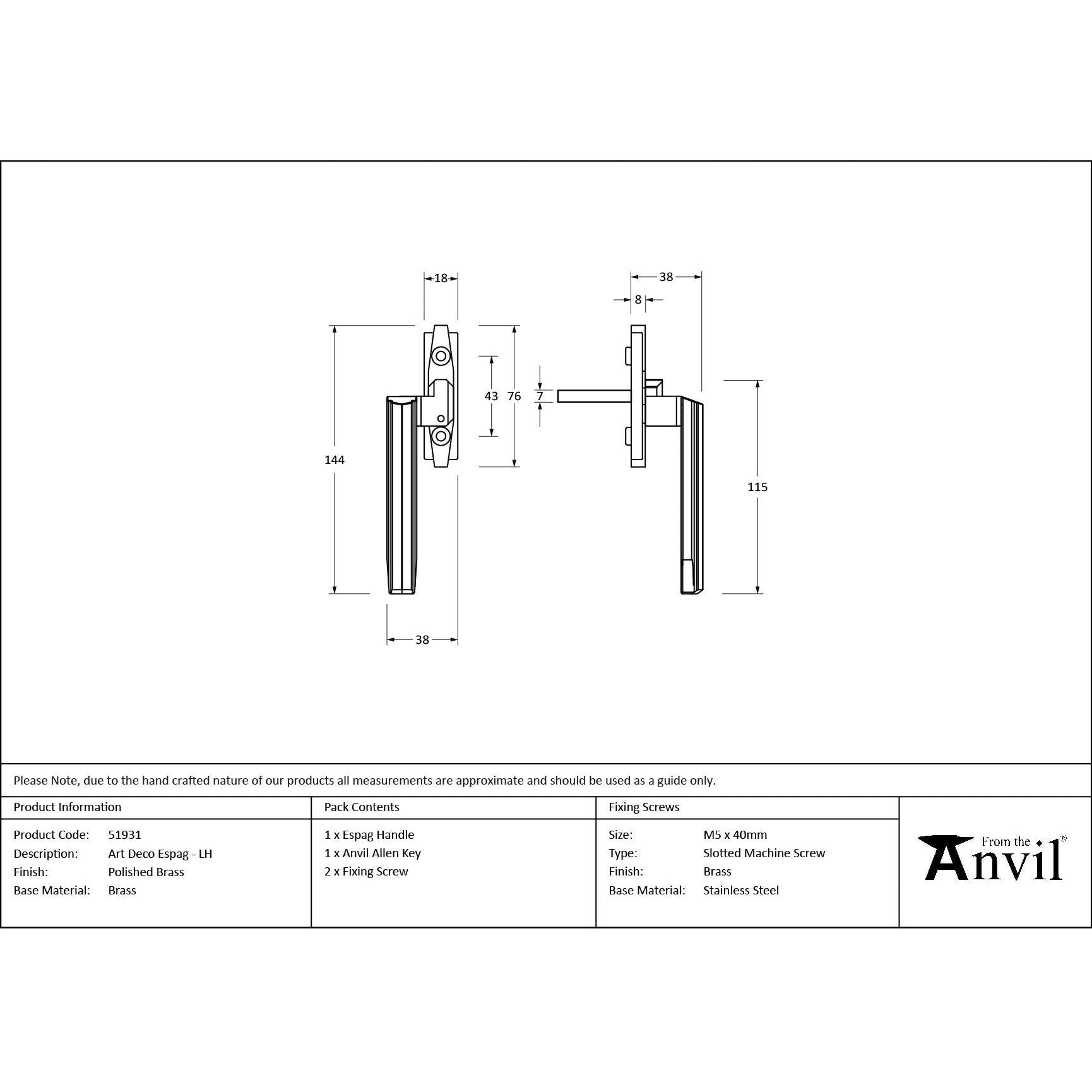 Polished Brass Art Deco Espag - LH - Espag. Fasteners - From The Anvil - Yester Home