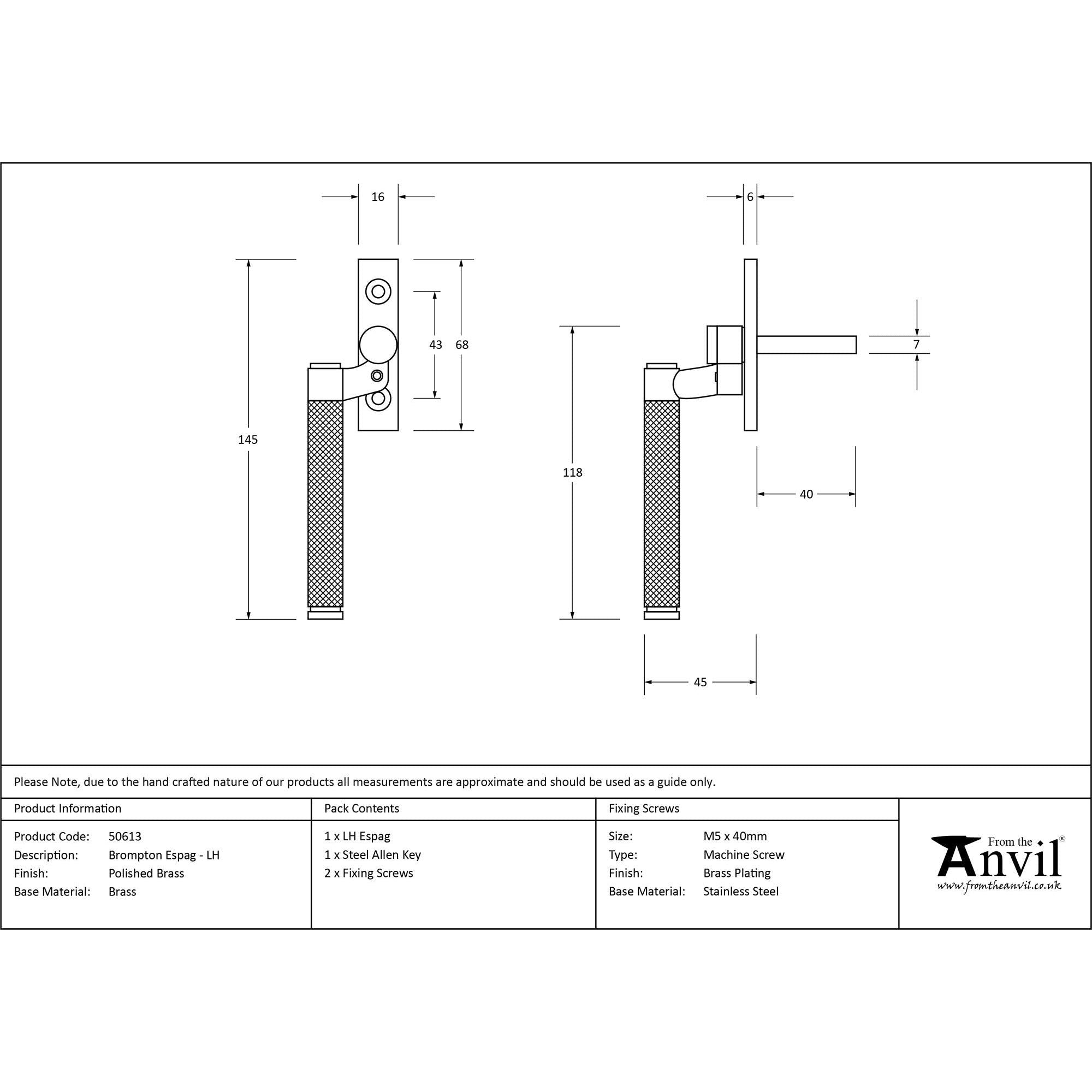 Polished Brass Brompton Espag - LH | From The Anvil - Espag. Fasteners - From The Anvil - Yester Home