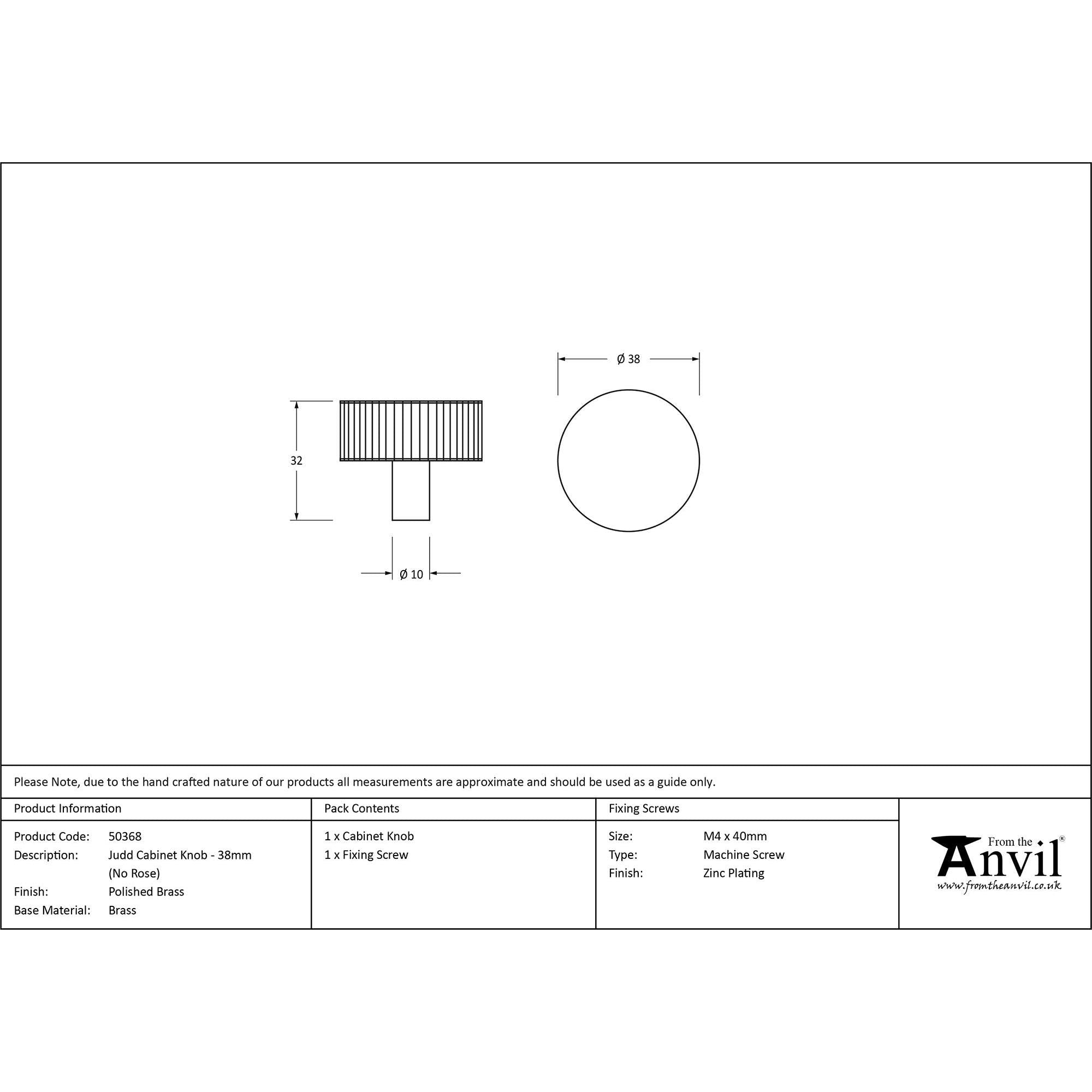 Polished Brass Judd Cabinet Knob - 38mm (No Rose) | From The Anvil - Cabinet Knobs - From The Anvil - Yester Home
