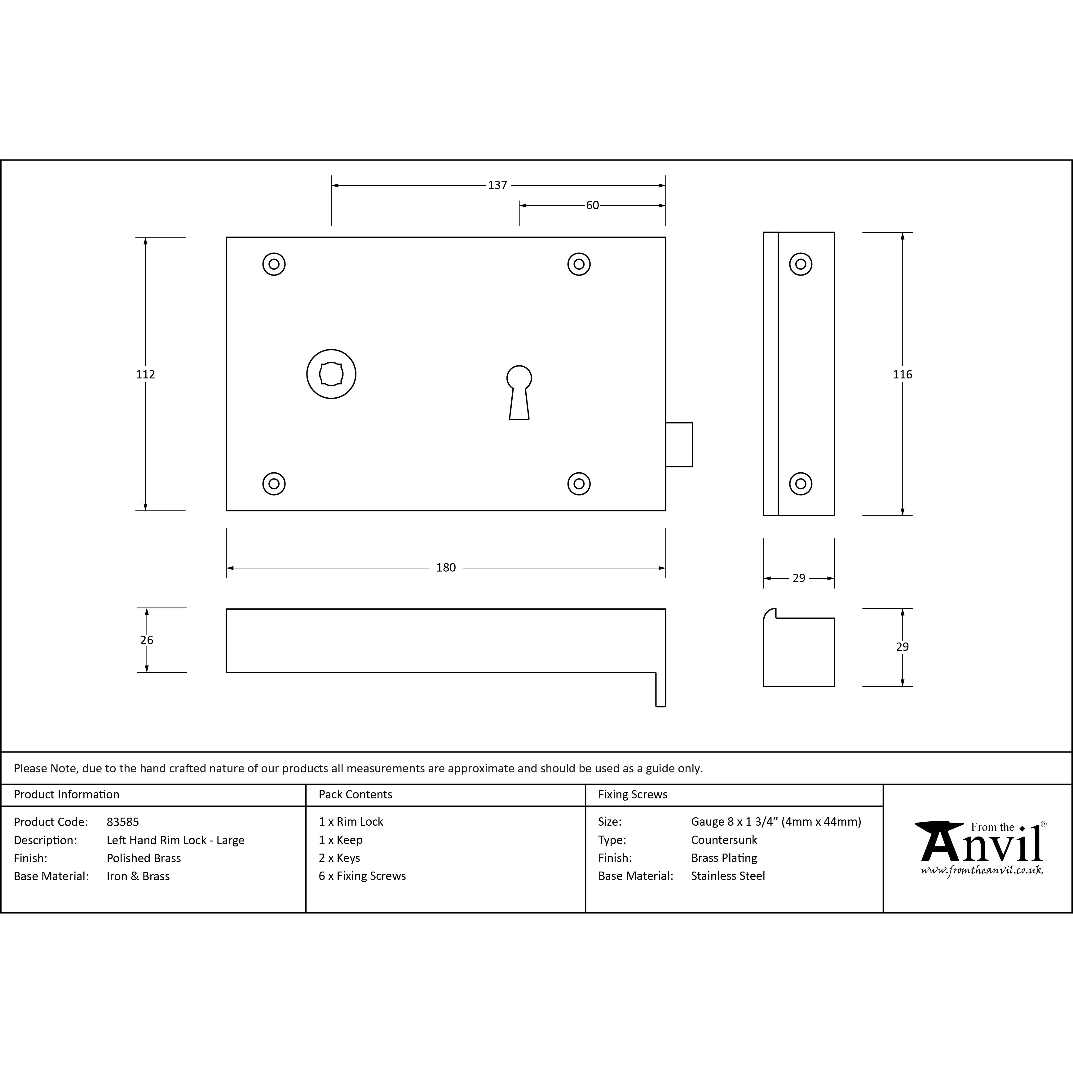 Polished Brass Left Hand Rim Lock - Large | From The Anvil-Rim Locks & Latches-Yester Home