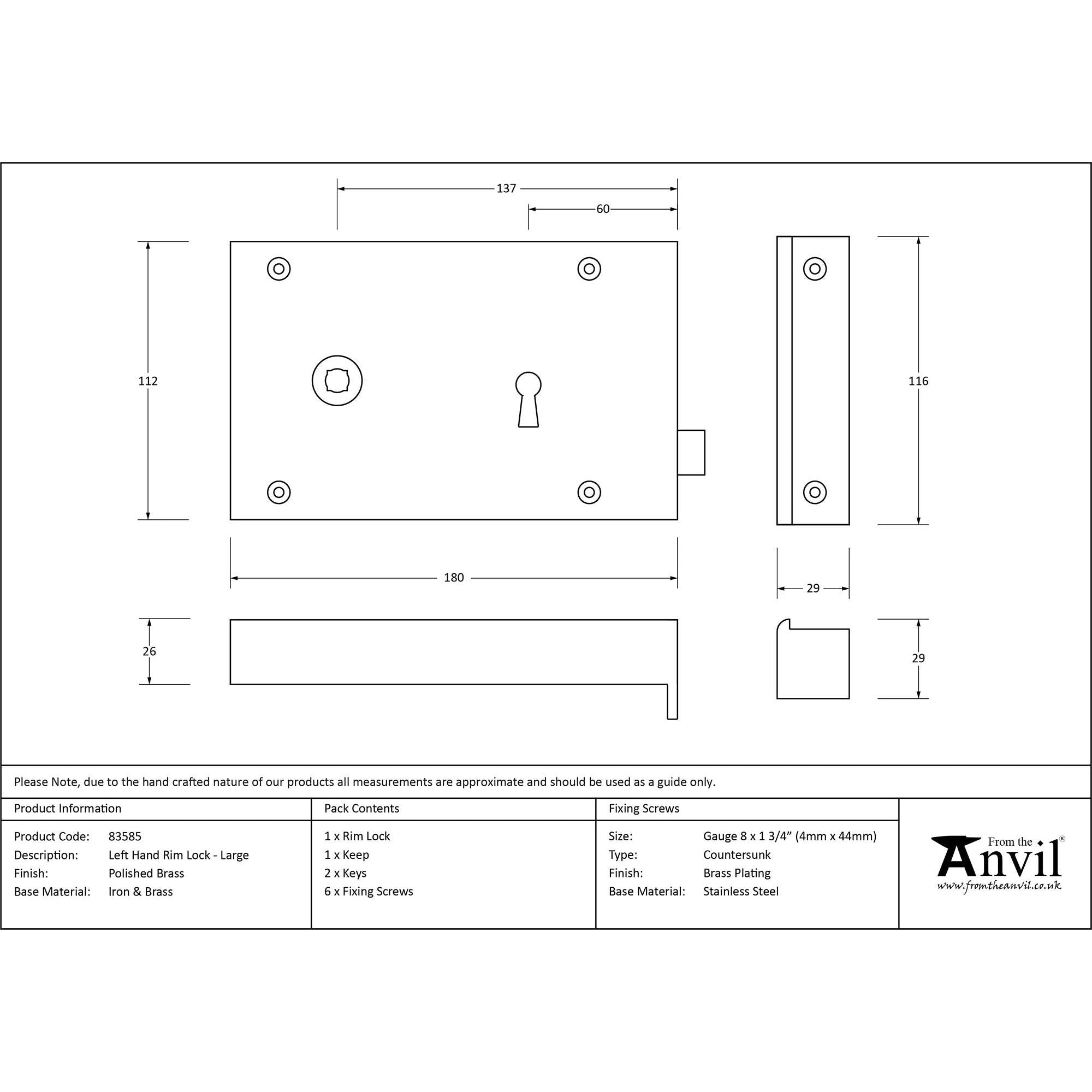 Polished Brass Left Hand Rim Lock - Large | From The Anvil - Rim Locks & Latches - From The Anvil - Yester Home