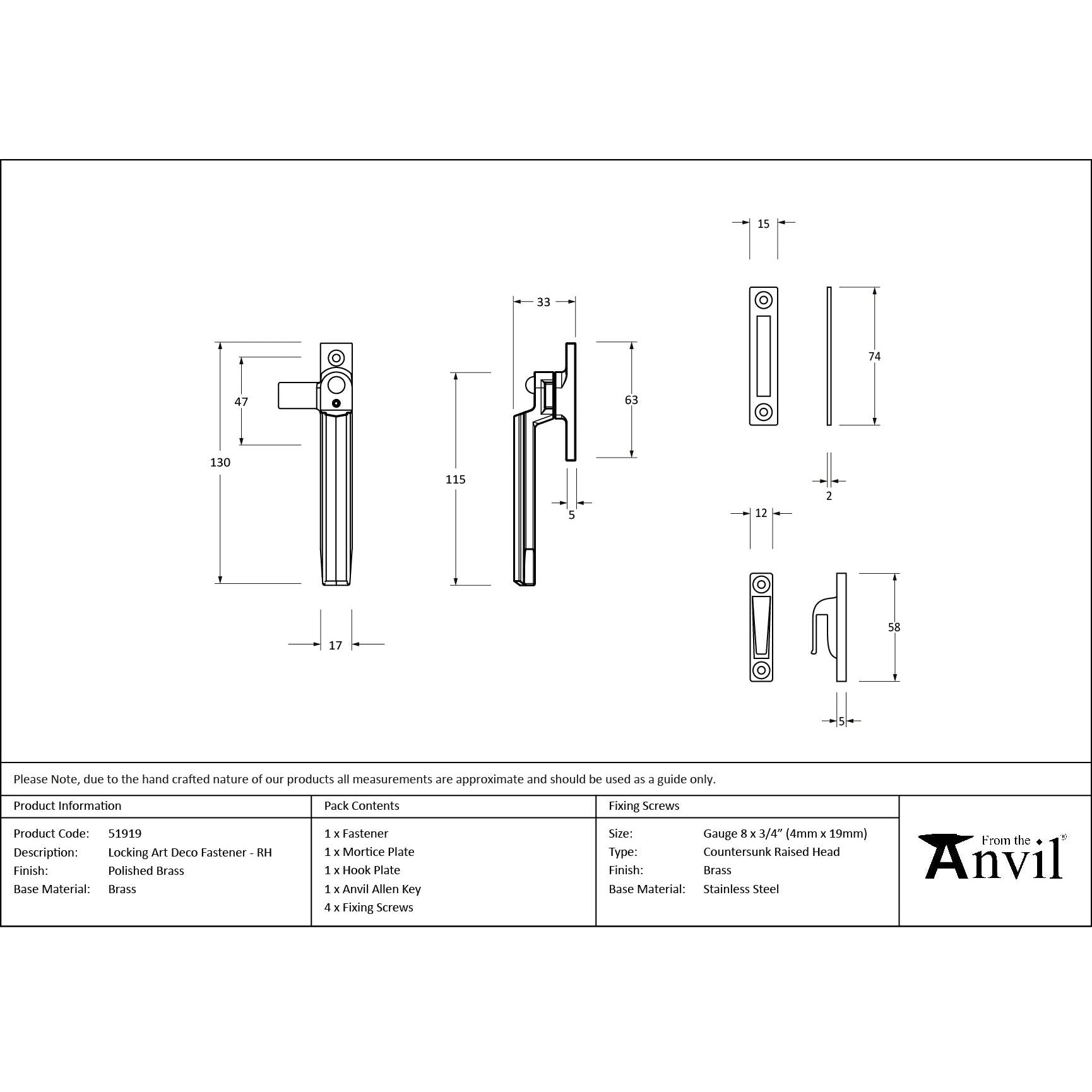 Polished Brass Locking Art Deco Fastener - RH - Locking Fasteners - From The Anvil - Yester Home