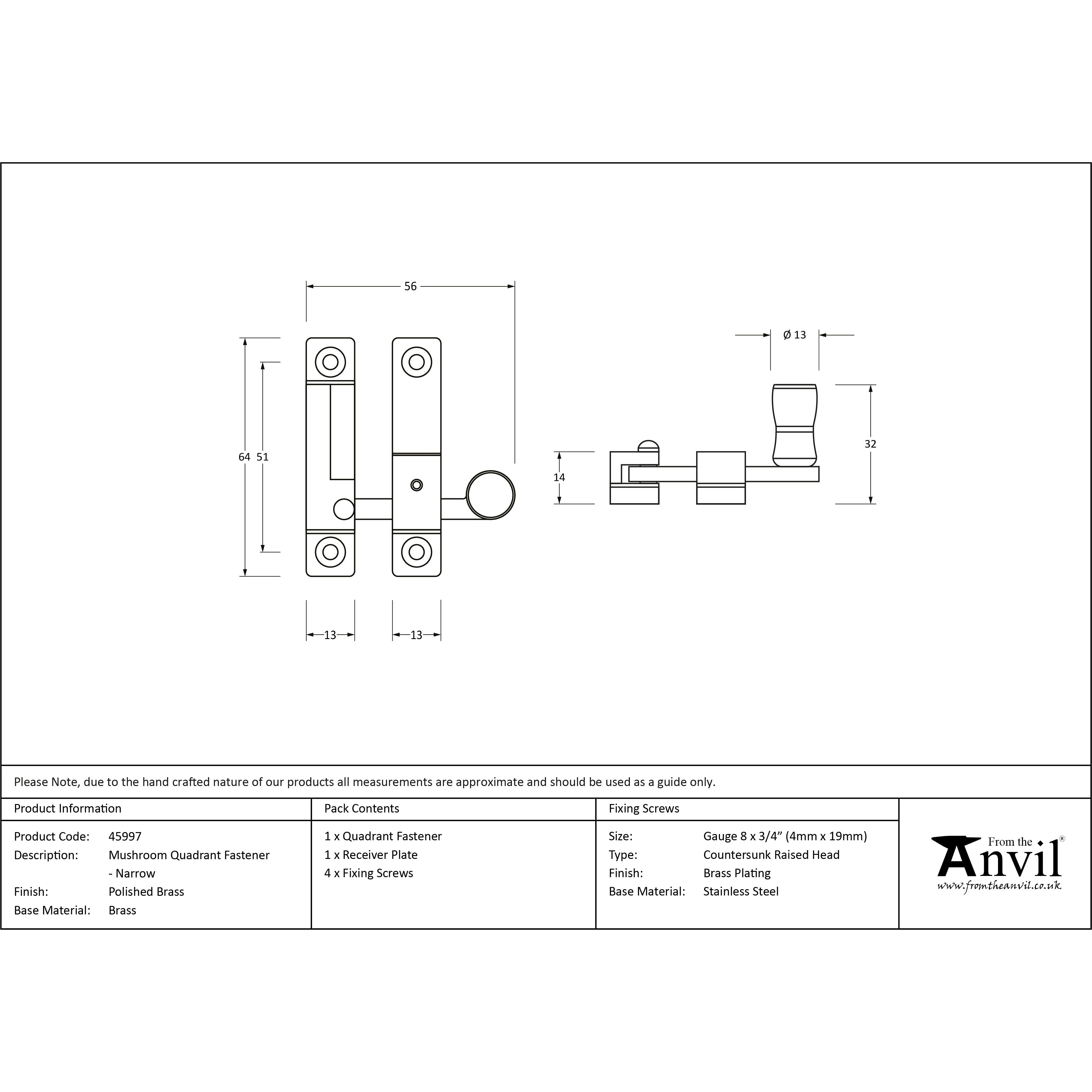 Polished Brass Mushroom Quadrant Fastener - Narrow | From The Anvil-Quadrant Fasteners-Yester Home