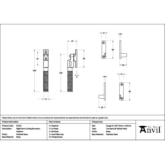 Polished Brass Night-Vent Locking Brompton Fastener - Night-Vent Fasteners - From The Anvil - Yester Home