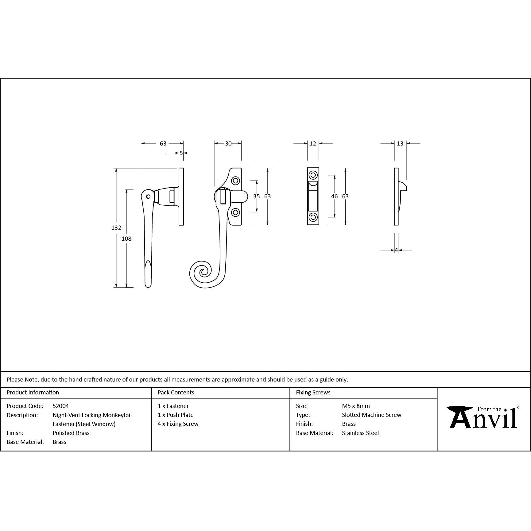 Polished Brass Night-Vent Locking Monkeytail Fastener (Steel Window) - Locking Fasteners - From The Anvil - Yester Home