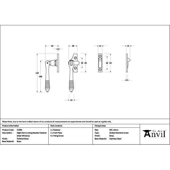 Polished Brass Night-Vent Locking Reeded Fastener (Steel Window) - Night-Vent Fasteners - From The Anvil - Yester Home