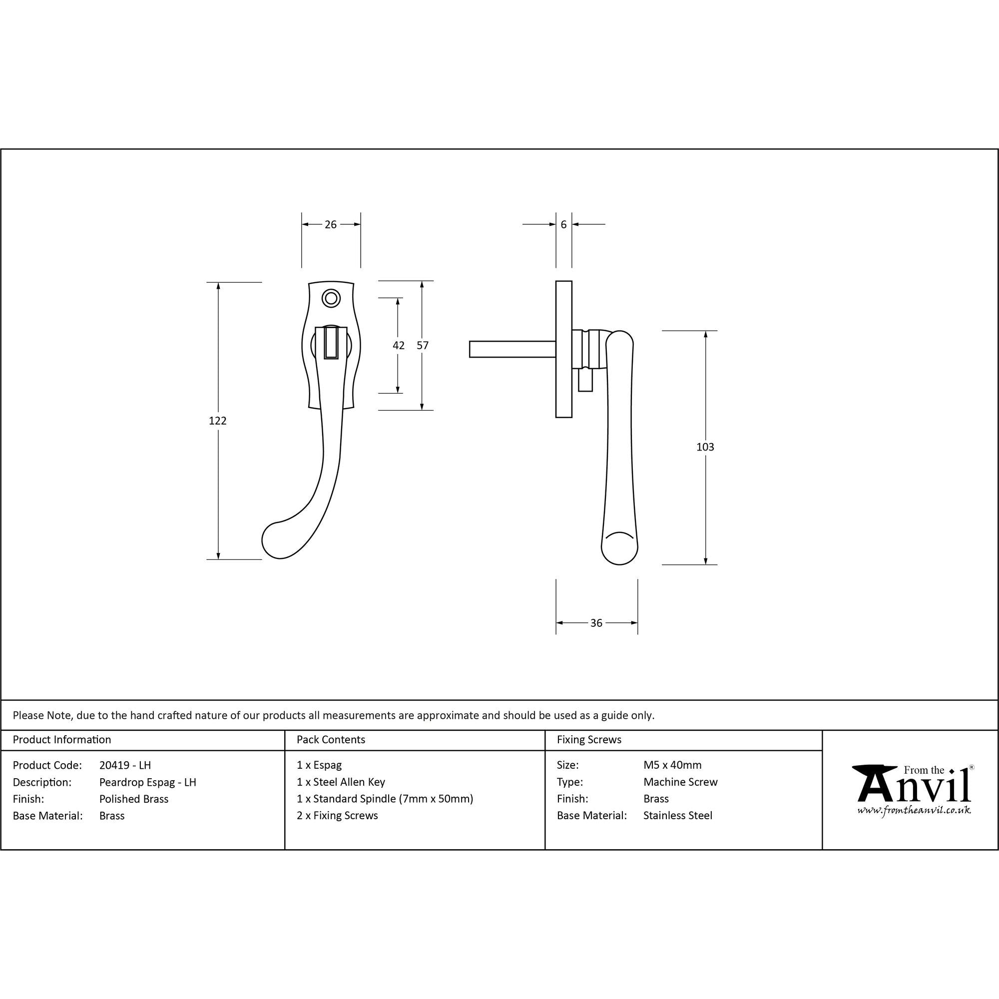 Polished Brass Peardrop Espag - LH | From The Anvil - Espag. Fasteners - From The Anvil - Yester Home