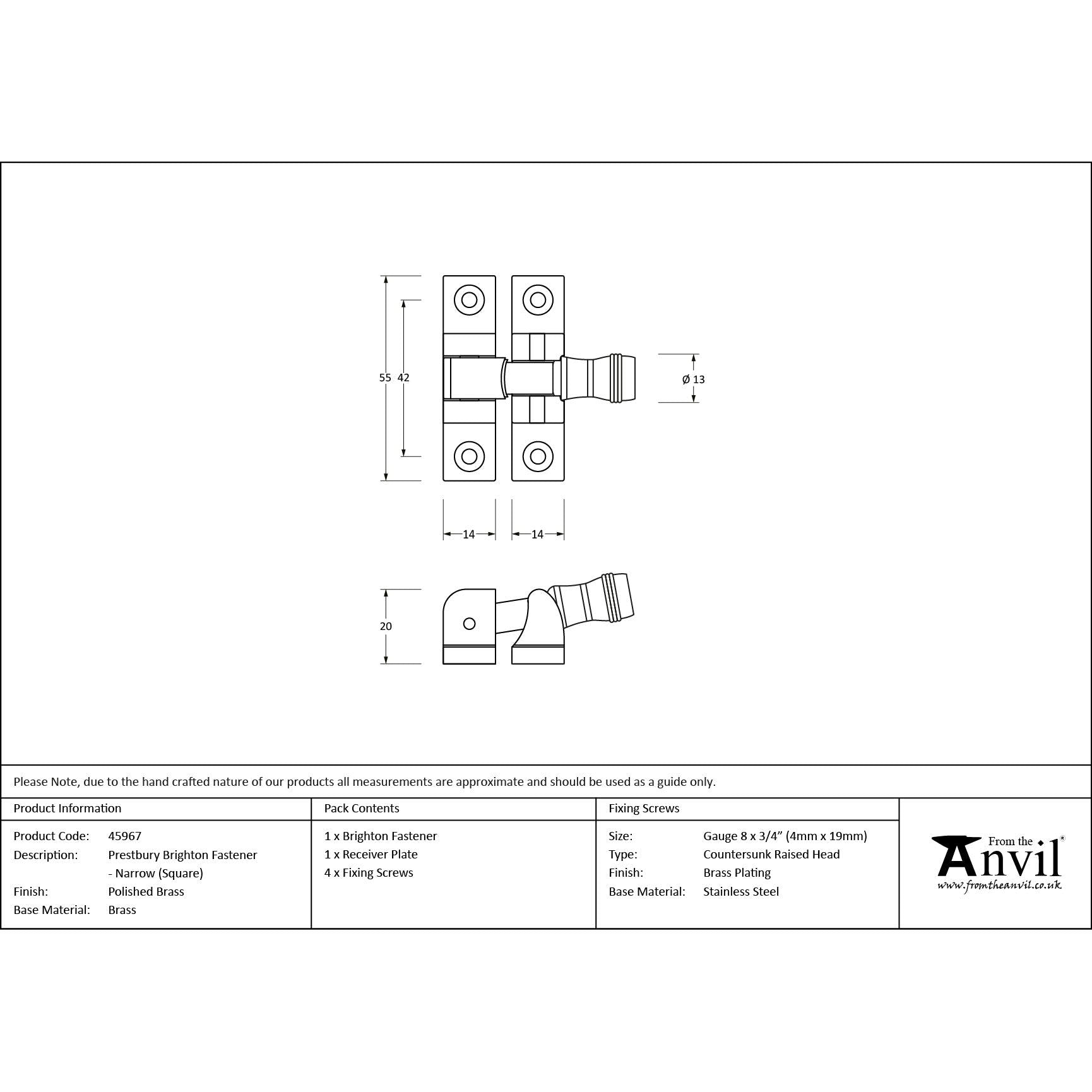 Polished Brass Prestbury Brighton Fastener - Narrow (Square) | From The Anvil - Brighton Fasteners - From The Anvil - Yester Home