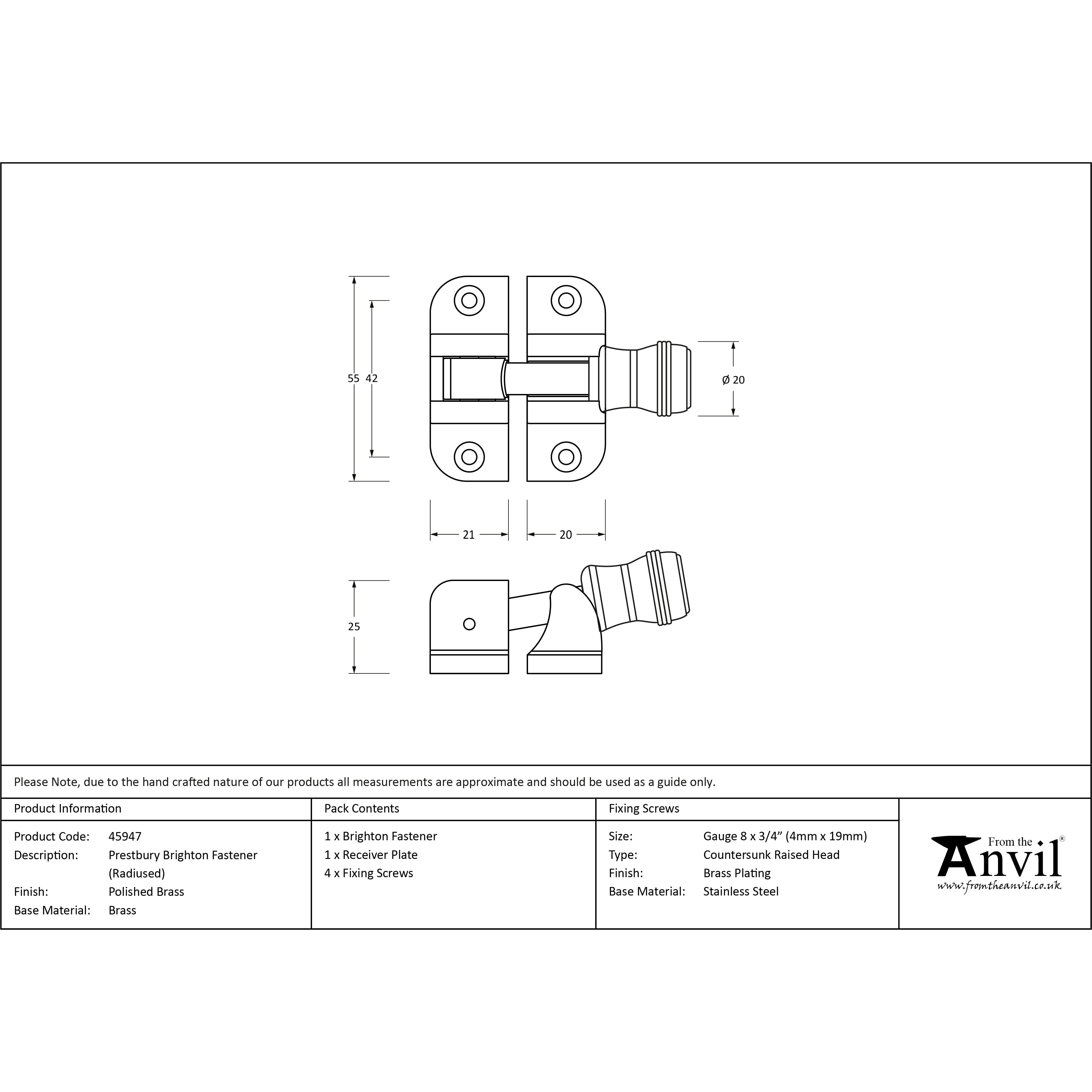 Polished Brass Prestbury Brighton Fastener (Radiused) | From The Anvil-Fasteners-Yester Home