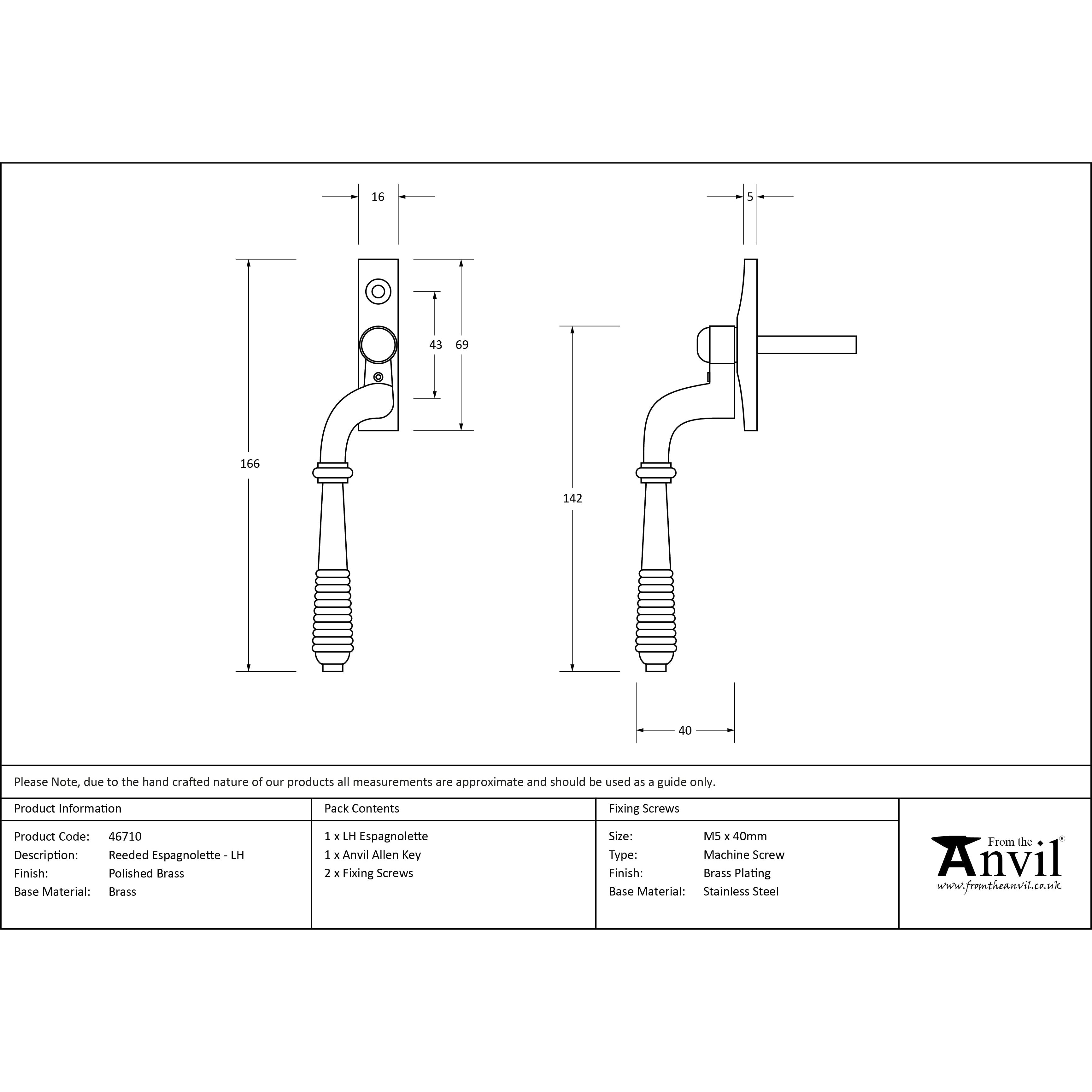 Polished Brass Reeded Espag - LH | From The Anvil-Espag. Fasteners-Yester Home