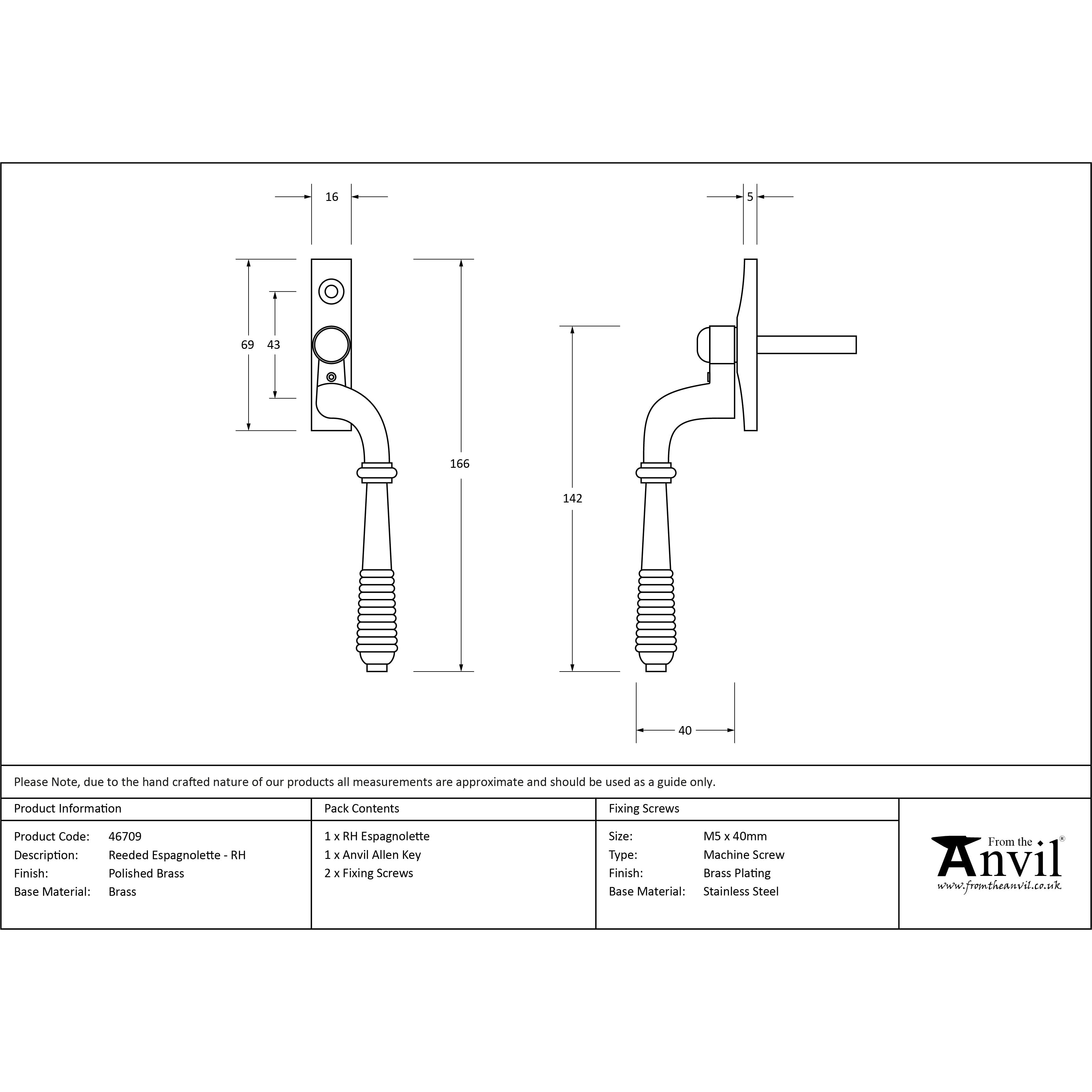Polished Brass Reeded Espag - RH | From The Anvil-Espag. Fasteners-Yester Home