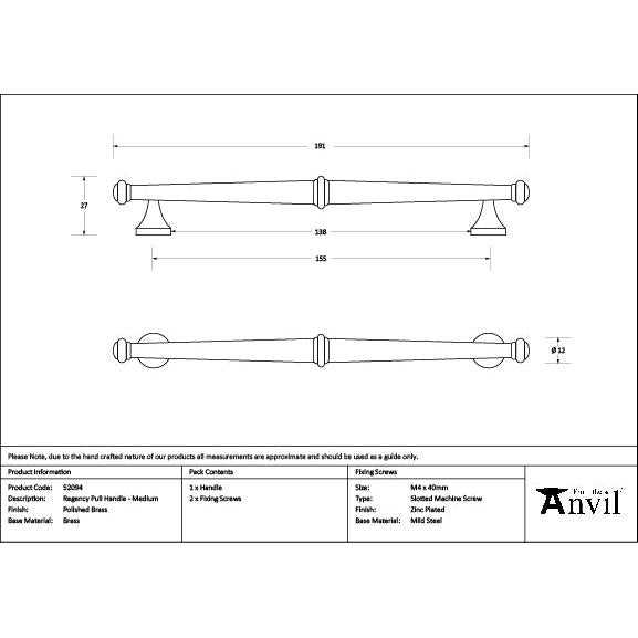 Polished Brass Regency Pull Handle - Medium - Pull Handles - From The Anvil - Yester Home