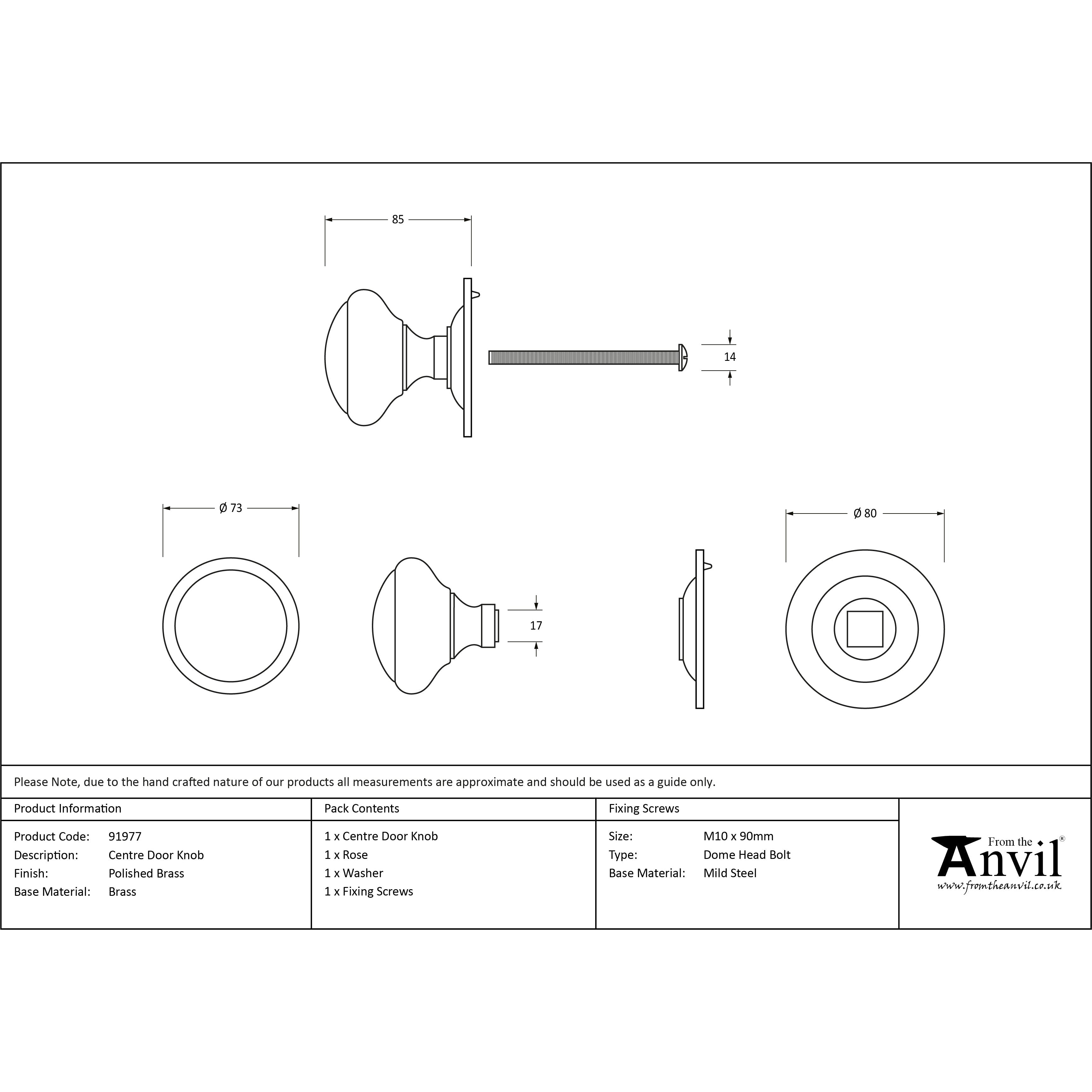 Polished Brass Round Centre Door Knob | From The Anvil-Centre Door Knobs-Yester Home