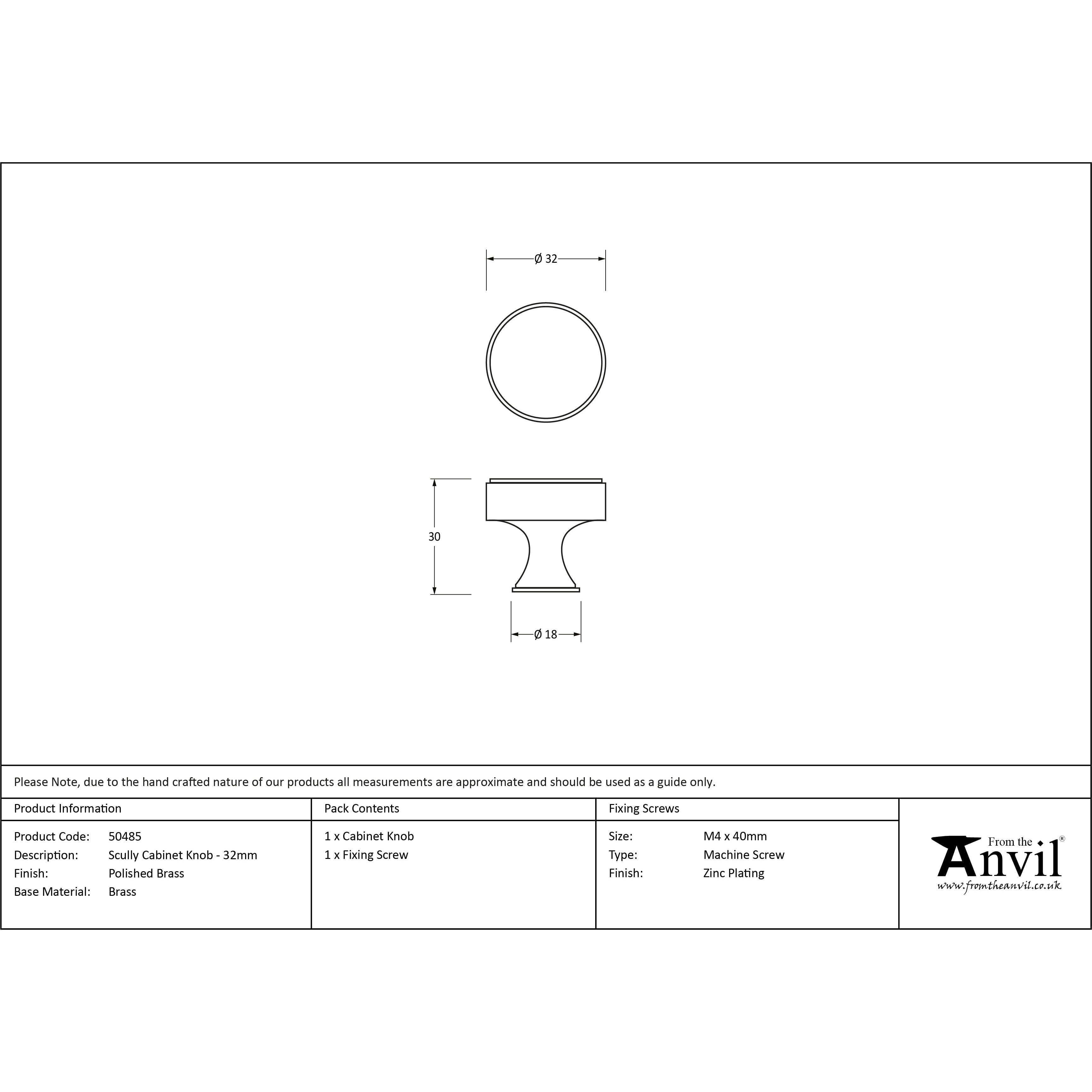 Polished Brass Scully Cabinet Knob - 32mm | From The Anvil-Cabinet Knobs-Yester Home