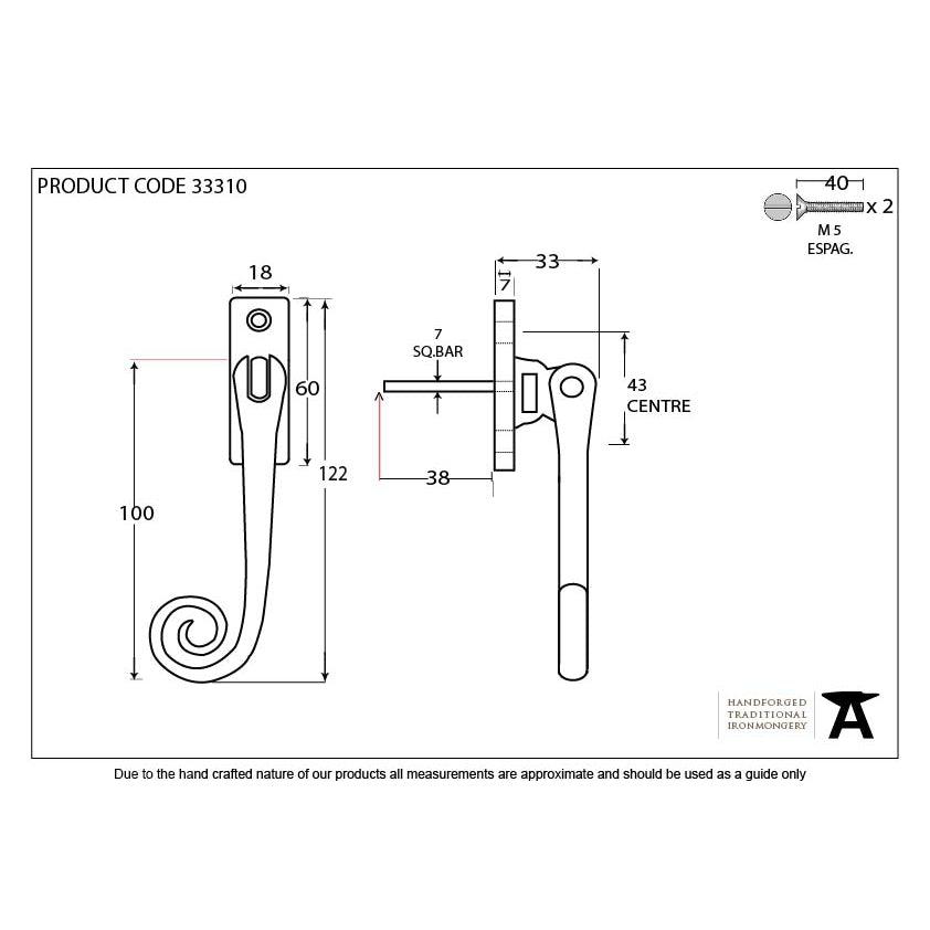 Polished Brass Slim Monkeytail Espag - LH | From The Anvil-Espag. Fasteners-Yester Home
