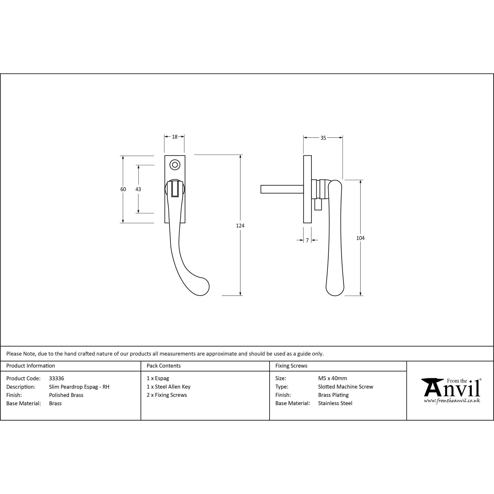 Polished Brass Slim Peardrop Espag - RH | From The Anvil - Espag. Fasteners - From The Anvil - Yester Home