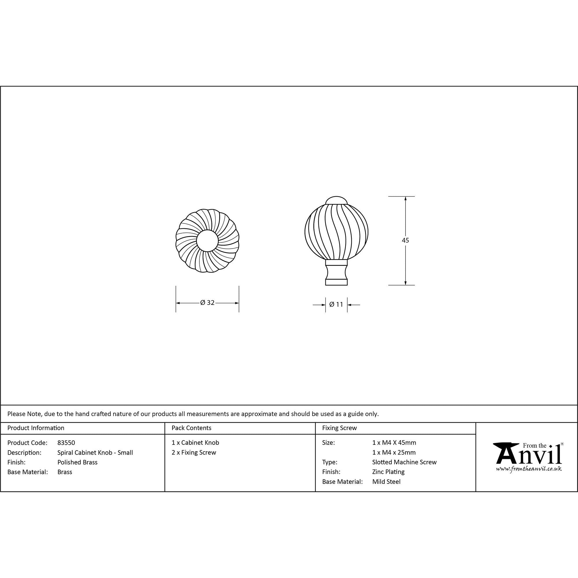 Polished Brass Spiral Cabinet Knob - Small | From The Anvil - Cabinet Knobs - From The Anvil - Yester Home