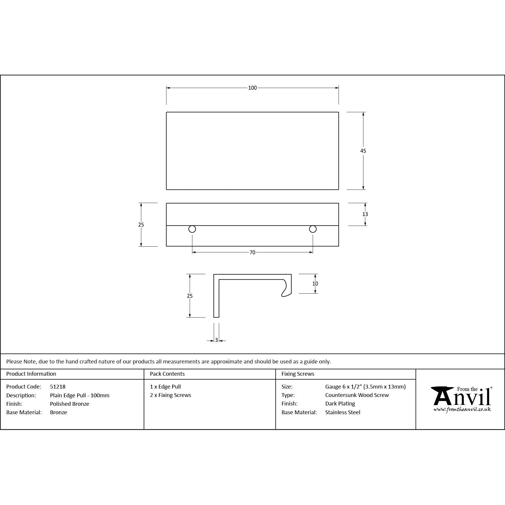 Polished Bronze 100mm Plain Edge Pull | From The Anvil - Edge Pulls - From The Anvil - Yester Home