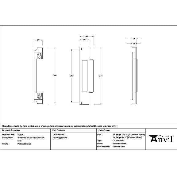 Polished Bronze ½" Rebate Kit for Euro Din Sash Lock - Euro Locks - From The Anvil - Yester Home