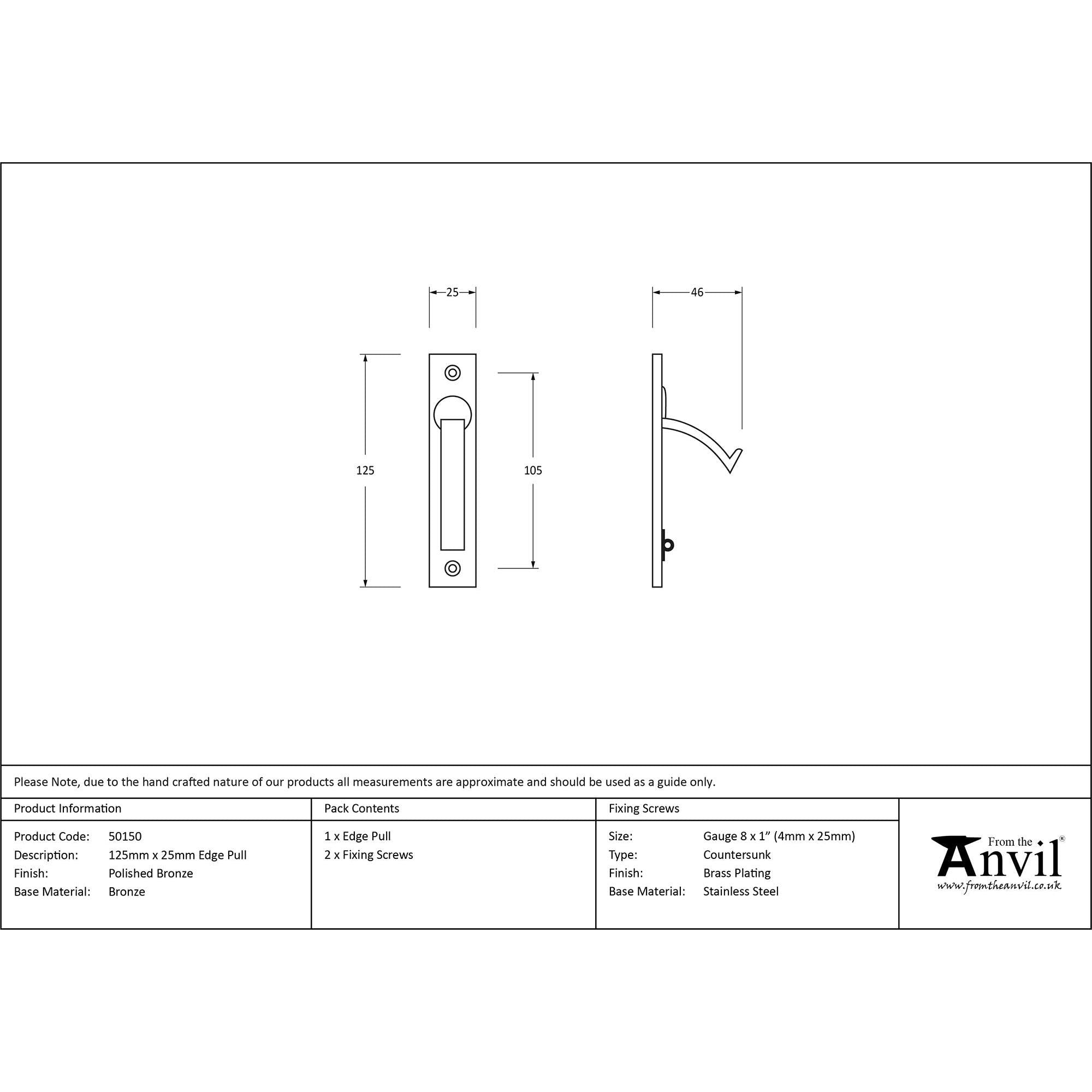 Polished Bronze 125mm x 25mm Edge Pull | From The Anvil - Cabinet Pulls - From The Anvil - Yester Home