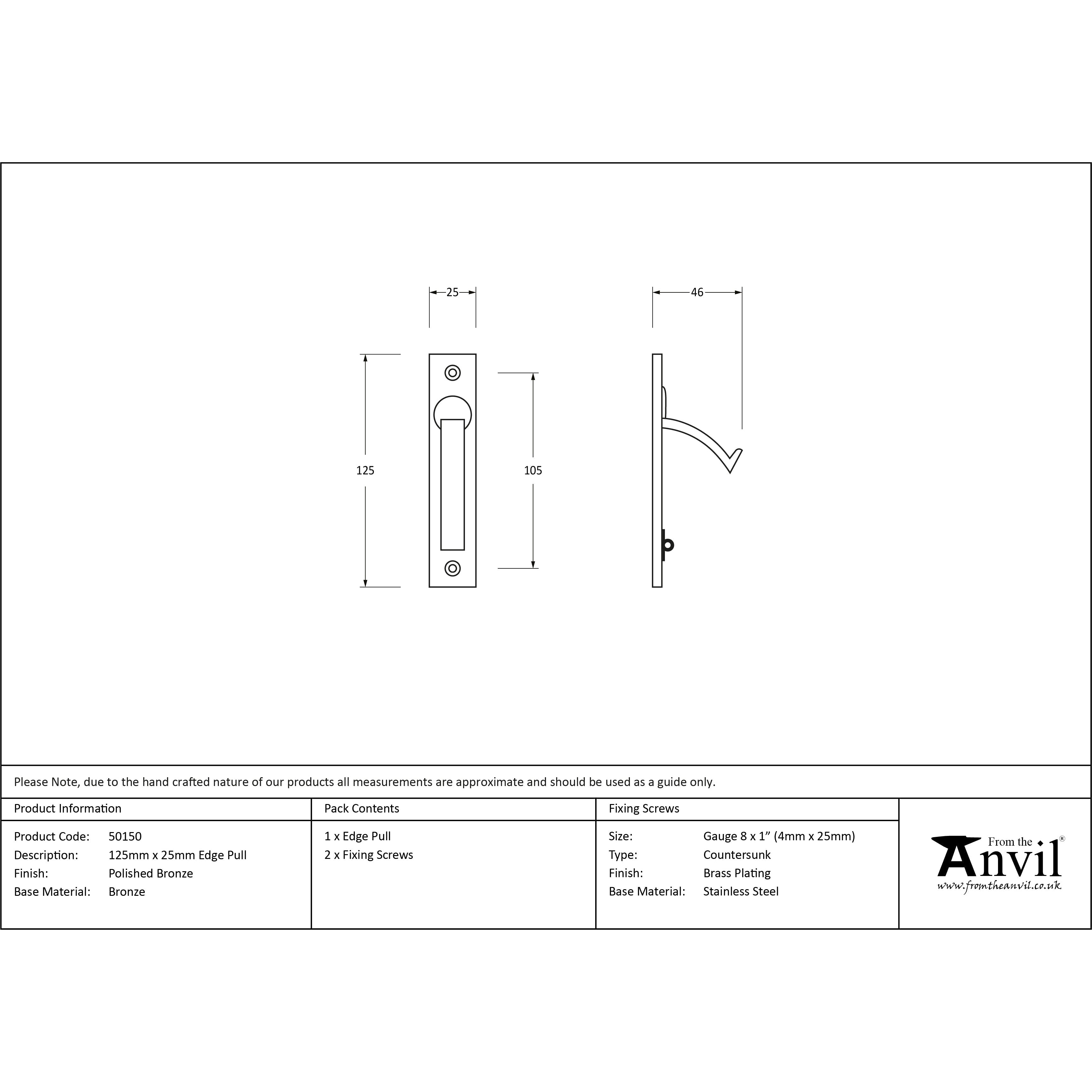 Polished Bronze 125mm x 25mm Edge Pull | From The Anvil-Cabinet Pulls-Yester Home
