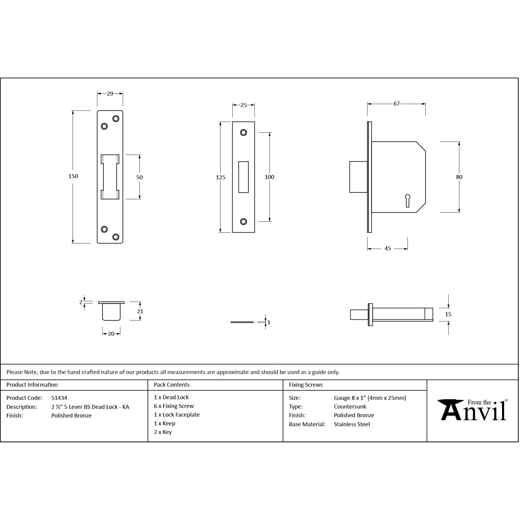 Polished Bronze 2½" 5 Lever BS Dead Lock KA - Deadlocks & Deadbolts - From The Anvil - Yester Home