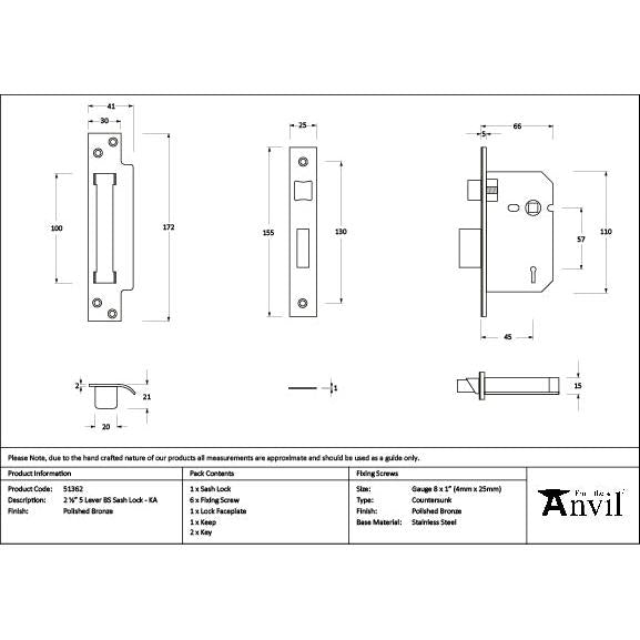 Polished Bronze 2½" 5 Lever BS Sash Lock KA - Sash Locks - From The Anvil - Yester Home