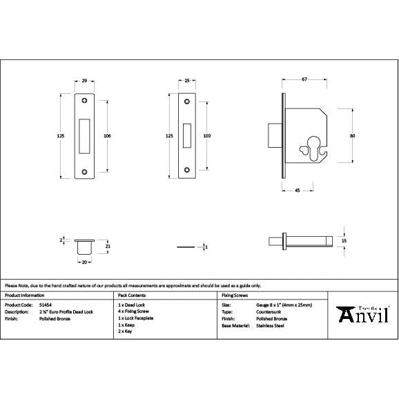 Polished Bronze 2½" Euro Profile Dead Lock - Deadlocks & Deadbolts - From The Anvil - Yester Home