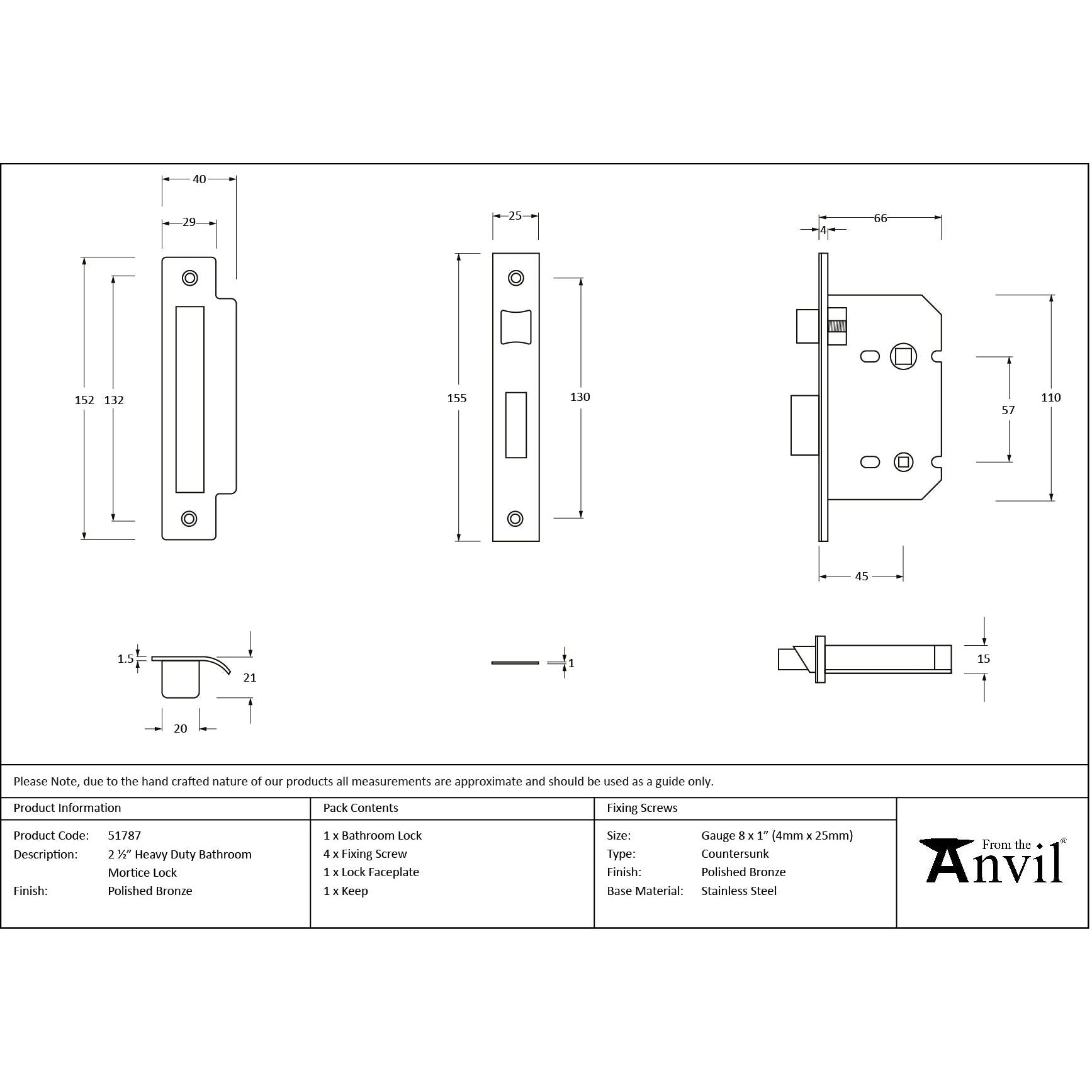 Polished Bronze 2½" Heavy Duty Bathroom Mortice Lock - Bathroom Locks - From The Anvil - Yester Home