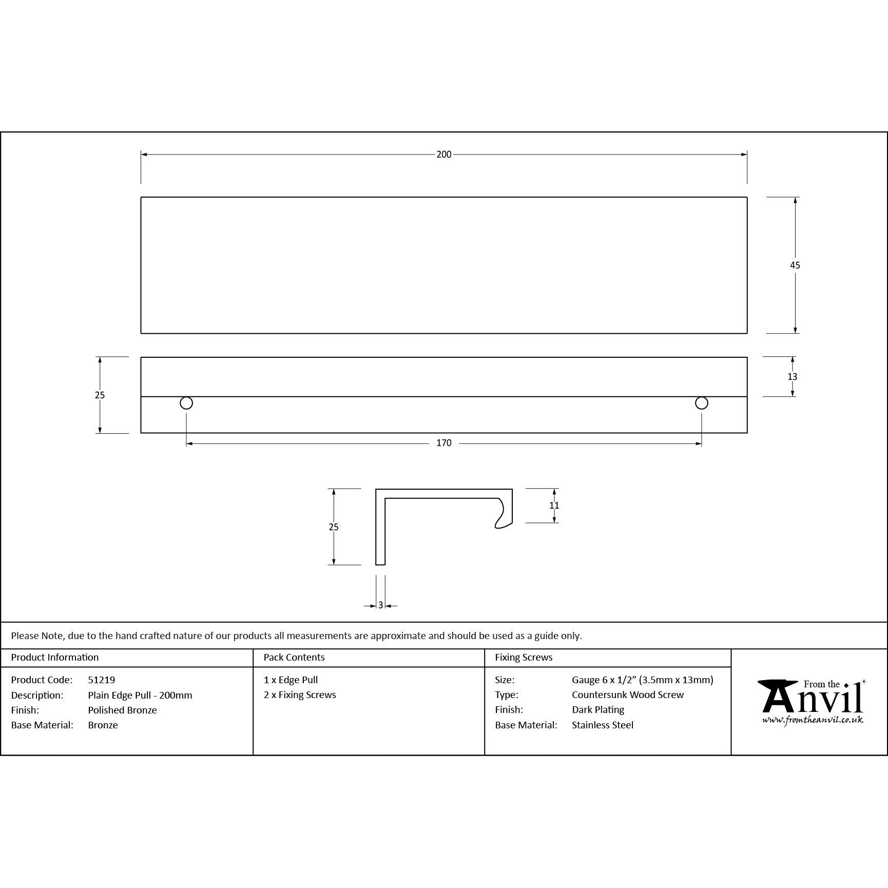 Polished Bronze 200mm Plain Edge Pull | From The Anvil - Edge Pulls - From The Anvil - Yester Home