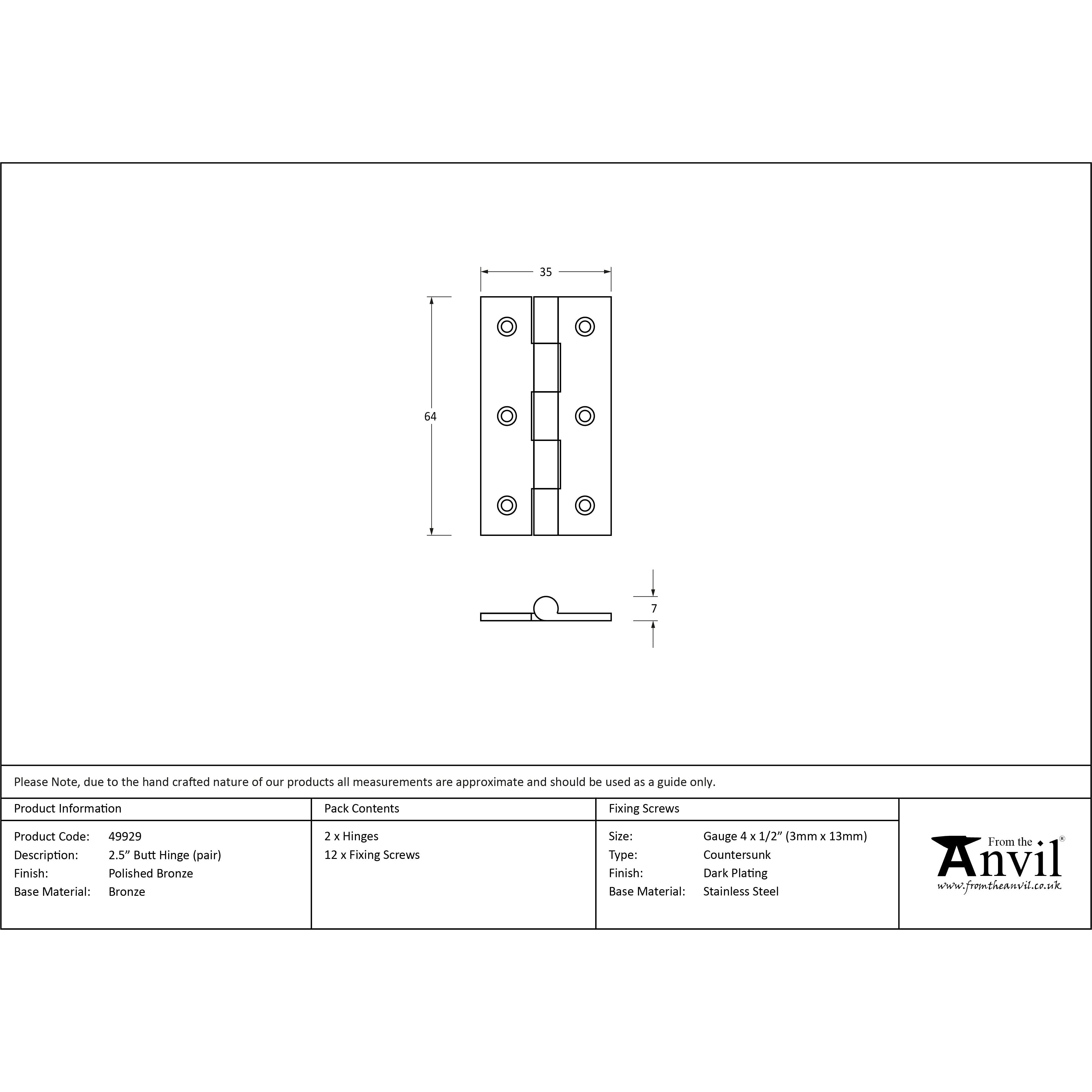 Polished Bronze 2.5" Butt Hinge (pair) | From The Anvil-Butt Hinges-Yester Home