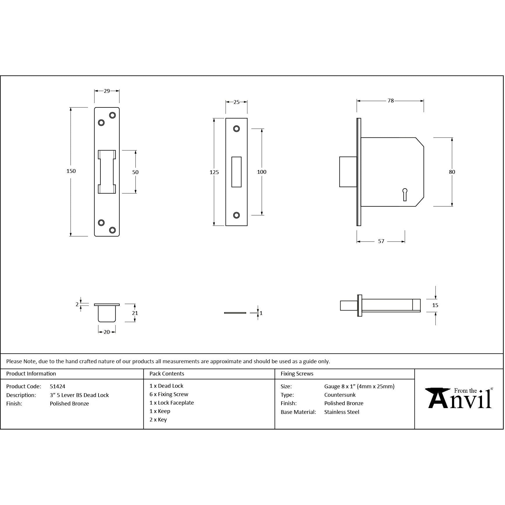 Polished Bronze 3" 5 Lever BS Dead Lock - Deadlocks & Deadbolts - From The Anvil - Yester Home