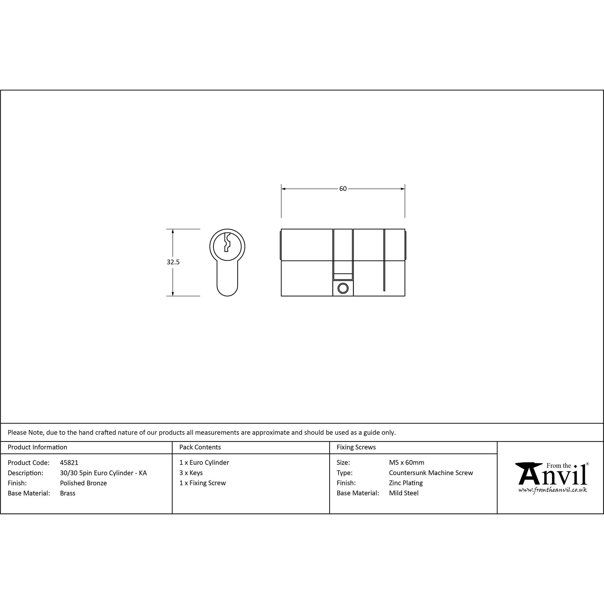 Polished Bronze 30/30 5pin Euro Cylinder KA | From The Anvil - Euro Cylinders - From The Anvil - Yester Home