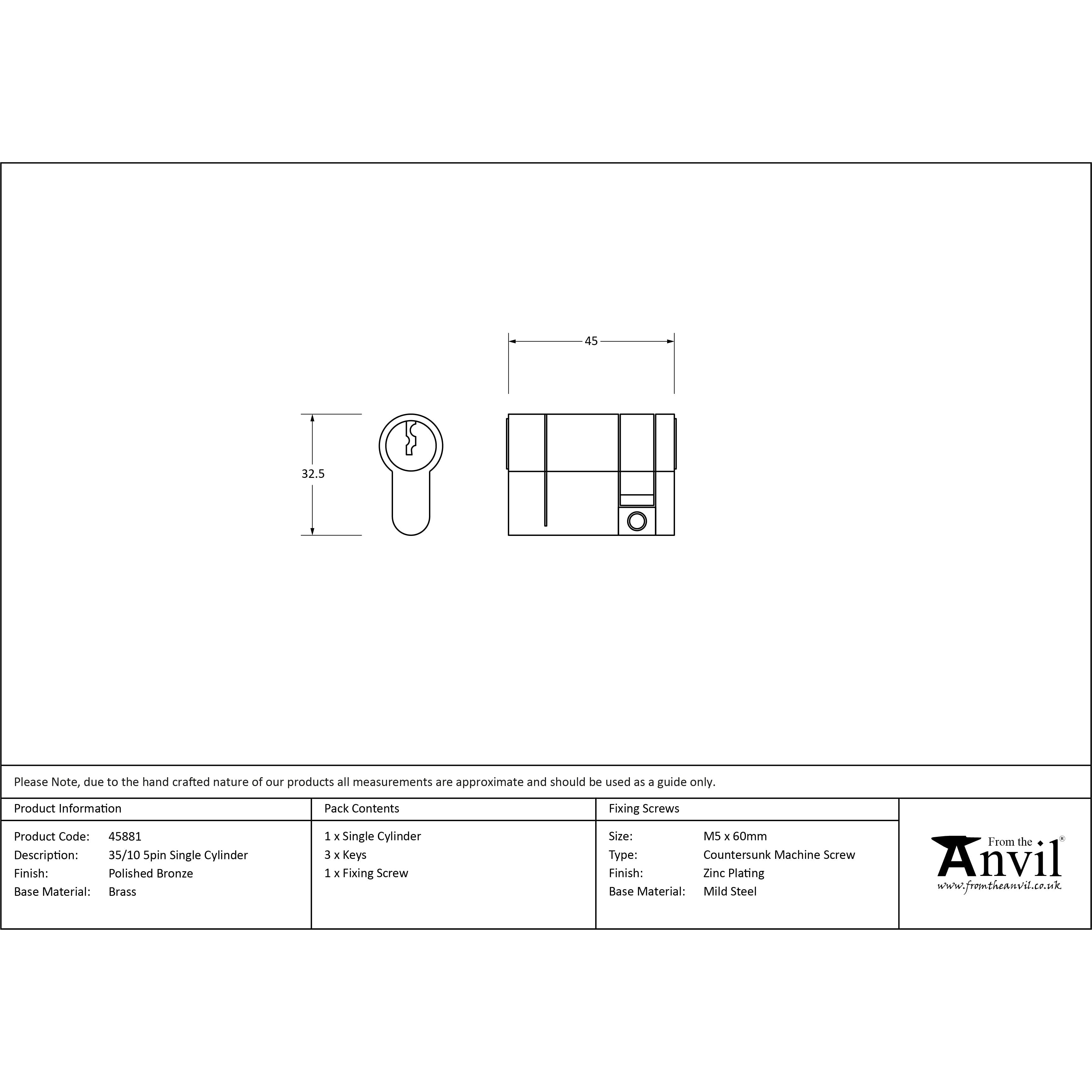 Polished Bronze 35/10 5pin Single Cylinder | From The Anvil-Euro Cylinders-Yester Home