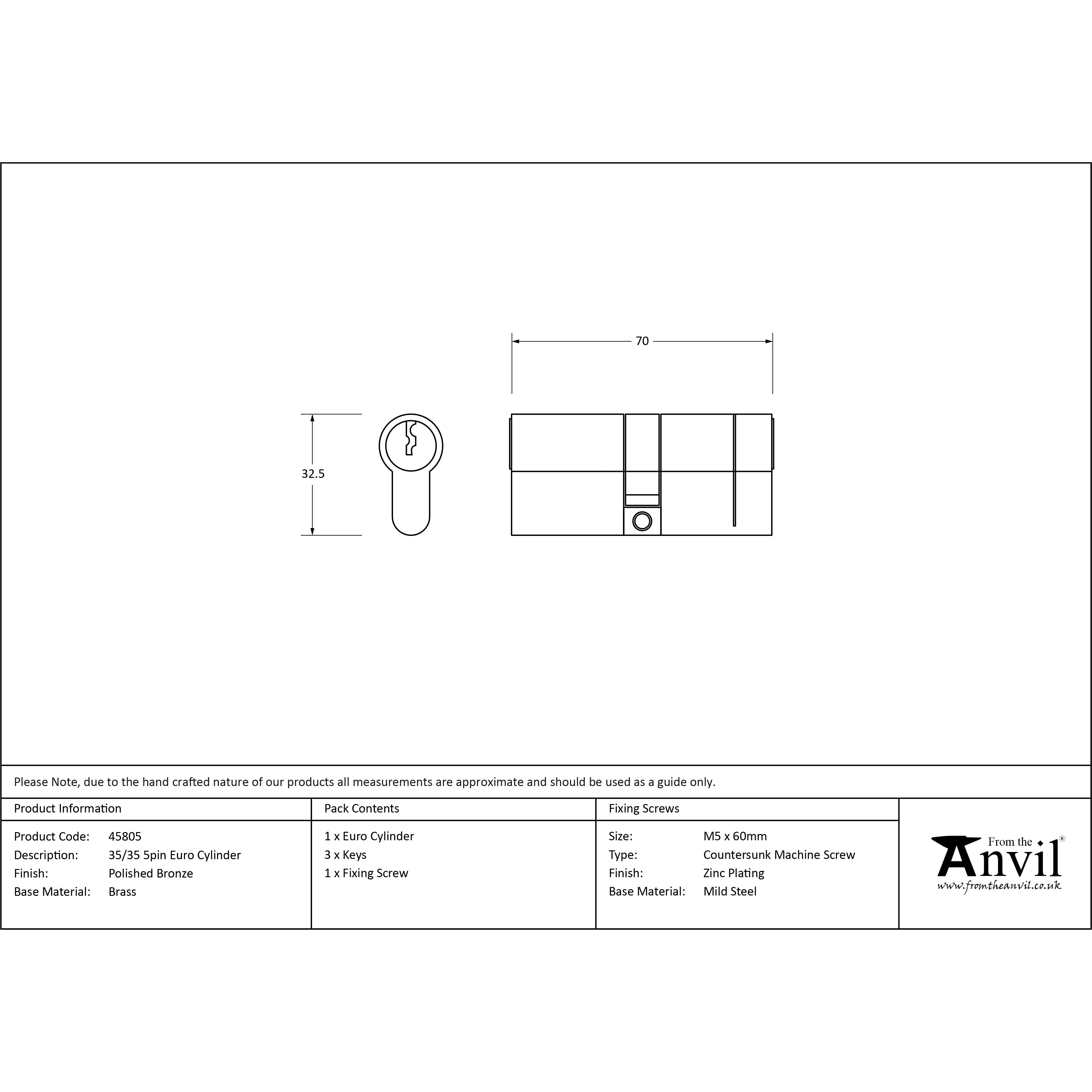 Polished Bronze 35/35 5pin Euro Cylinder | From The Anvil-Euro Cylinders-Yester Home