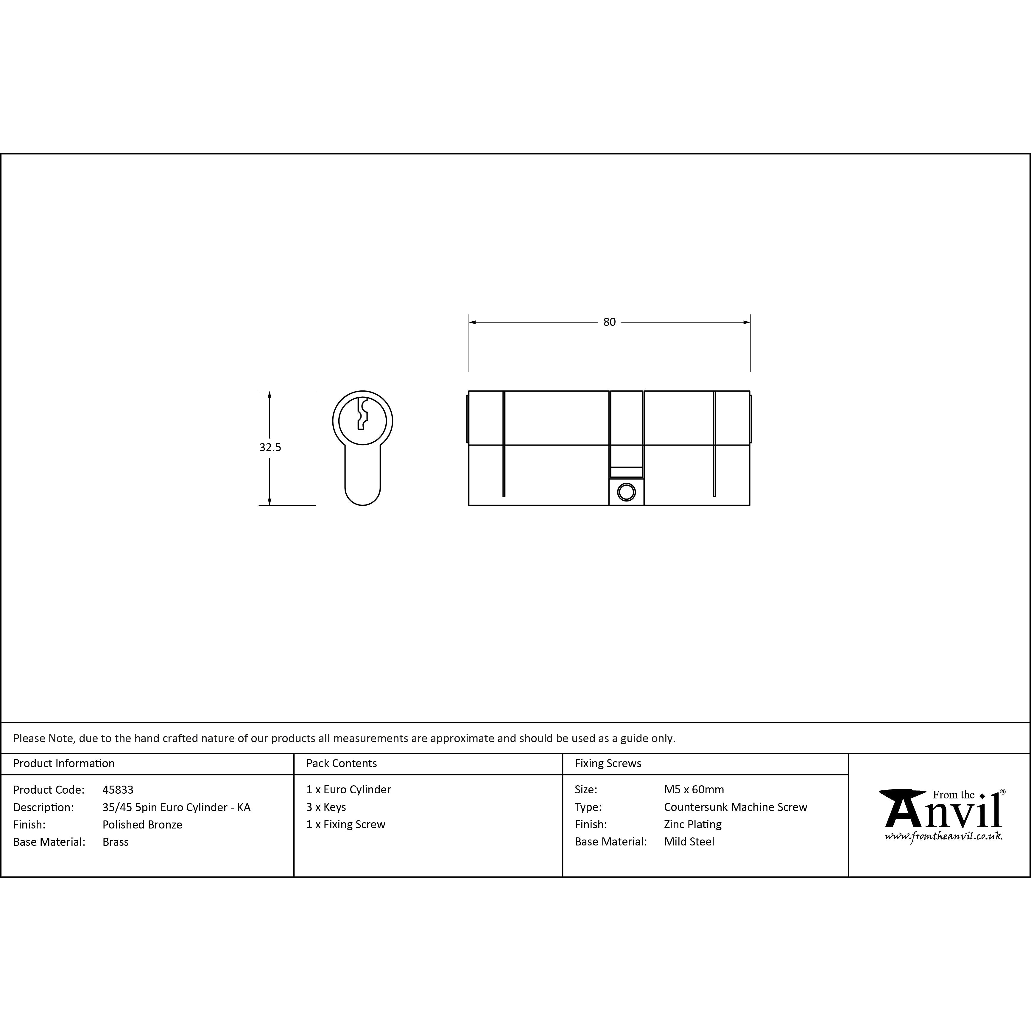 Polished Bronze 35/45 5pin Euro Cylinder KA | From The Anvil-Euro Cylinders-Yester Home