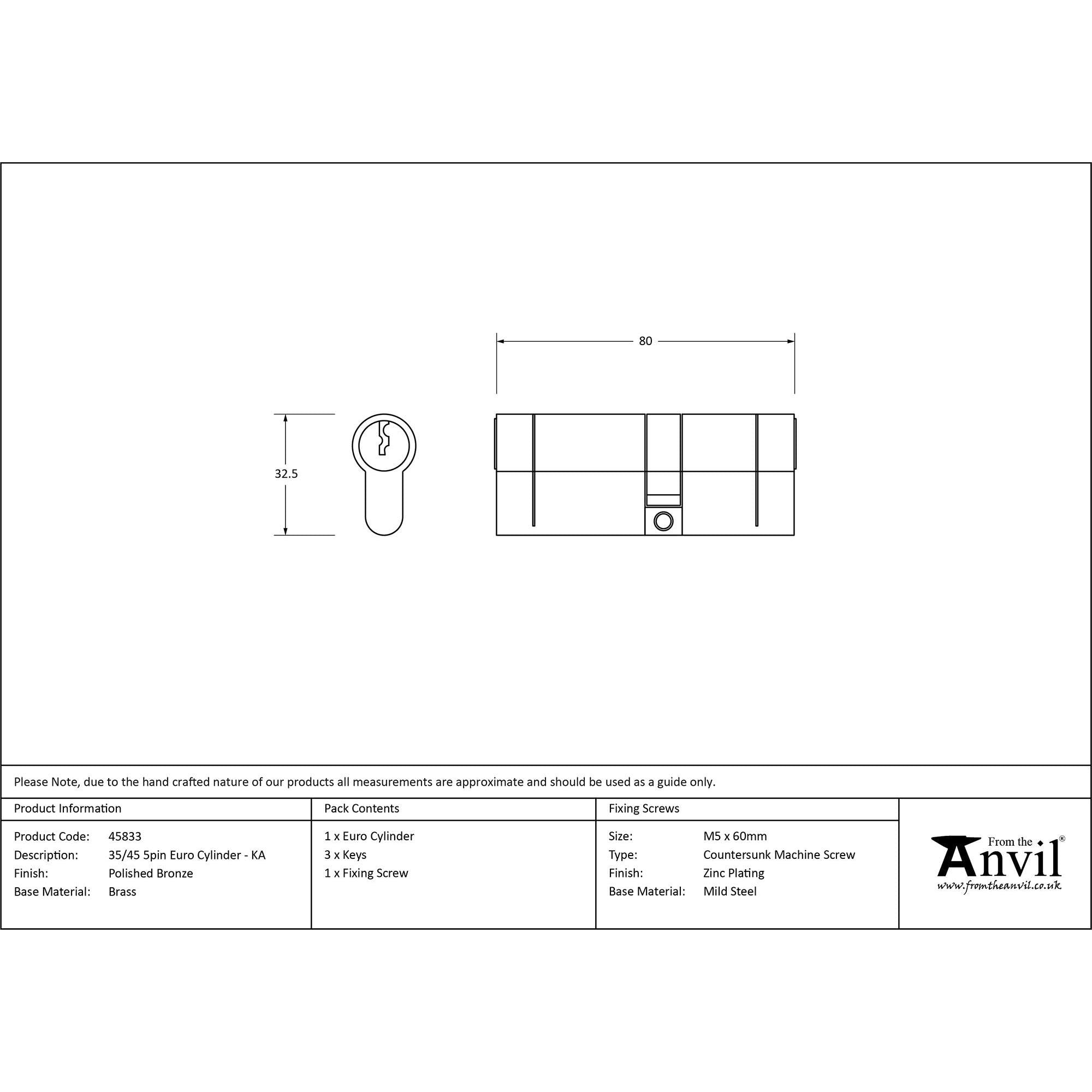 Polished Bronze 35/45 5pin Euro Cylinder KA | From The Anvil - Euro Cylinders - From The Anvil - Yester Home