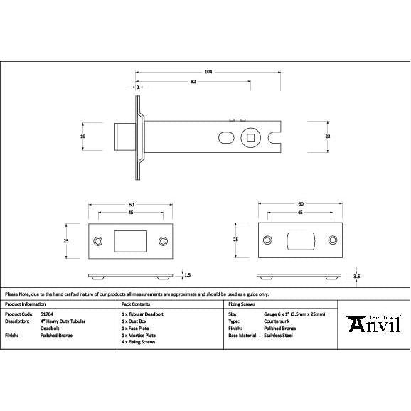 Polished Bronze 4" Heavy Duty Tubular Deadbolt - Deadlocks & Deadbolts - From The Anvil - Yester Home
