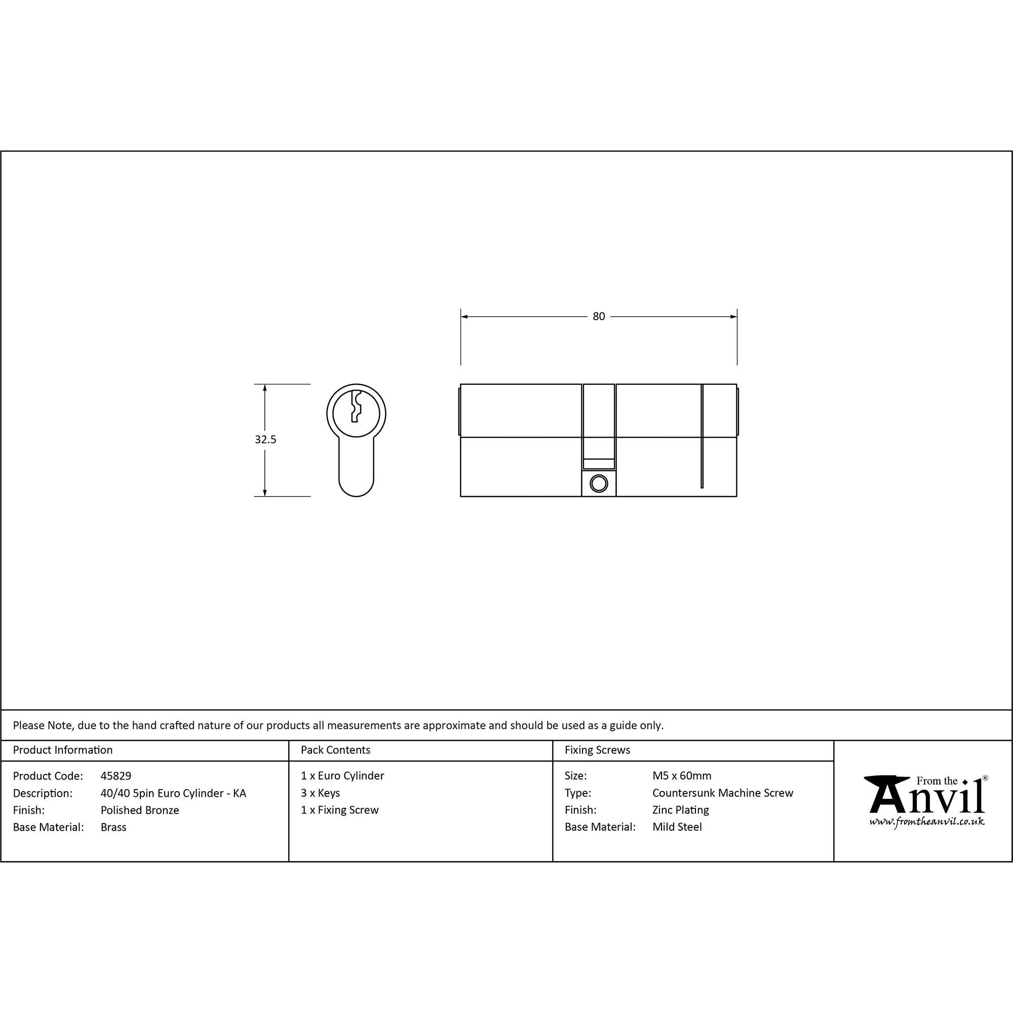 Polished Bronze 40/40 5pin Euro Cylinder KA | From The Anvil - Euro Cylinders - From The Anvil - Yester Home