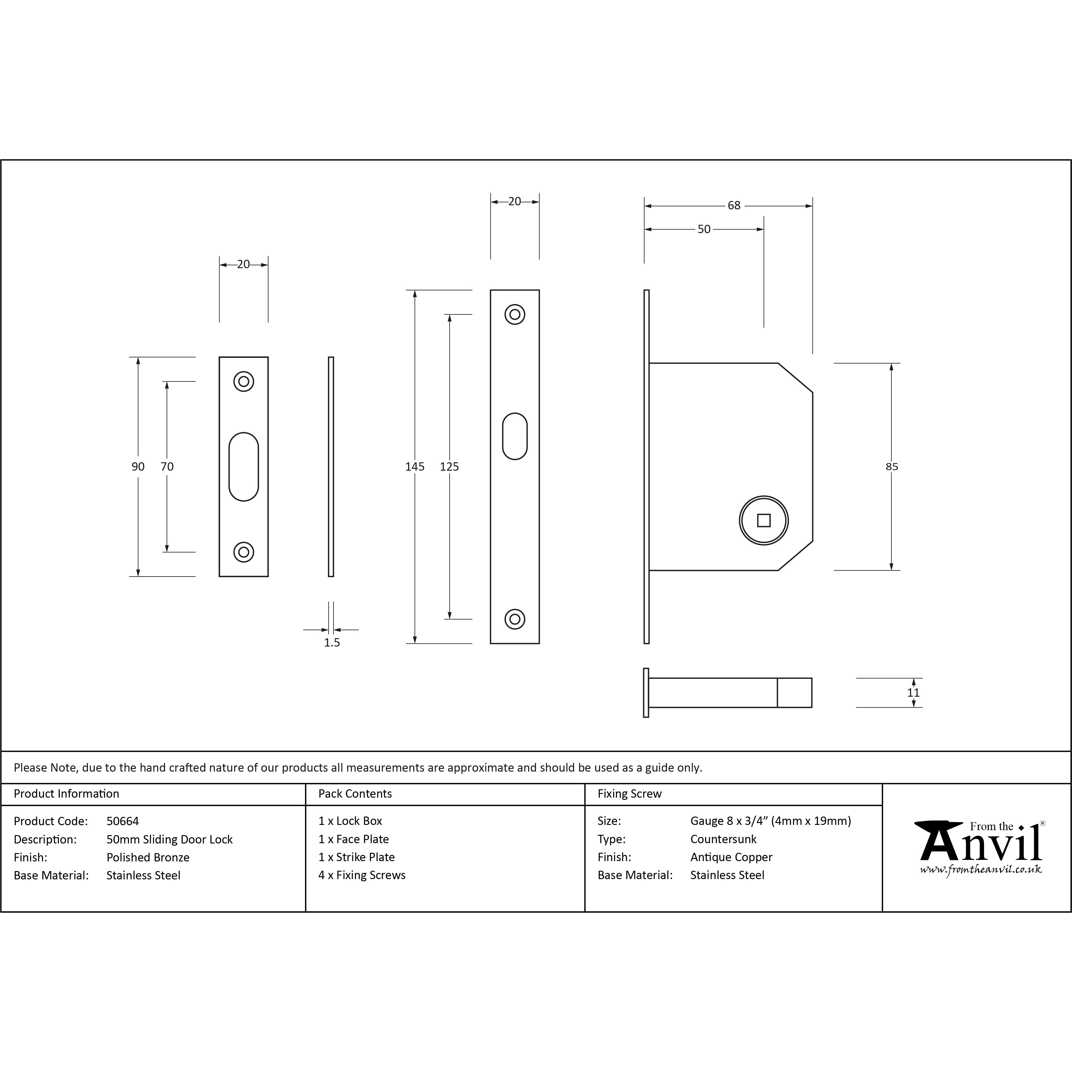 Polished Bronze 50mm Sliding Door Lock | From The Anvil-Sliding Door Locks-Yester Home
