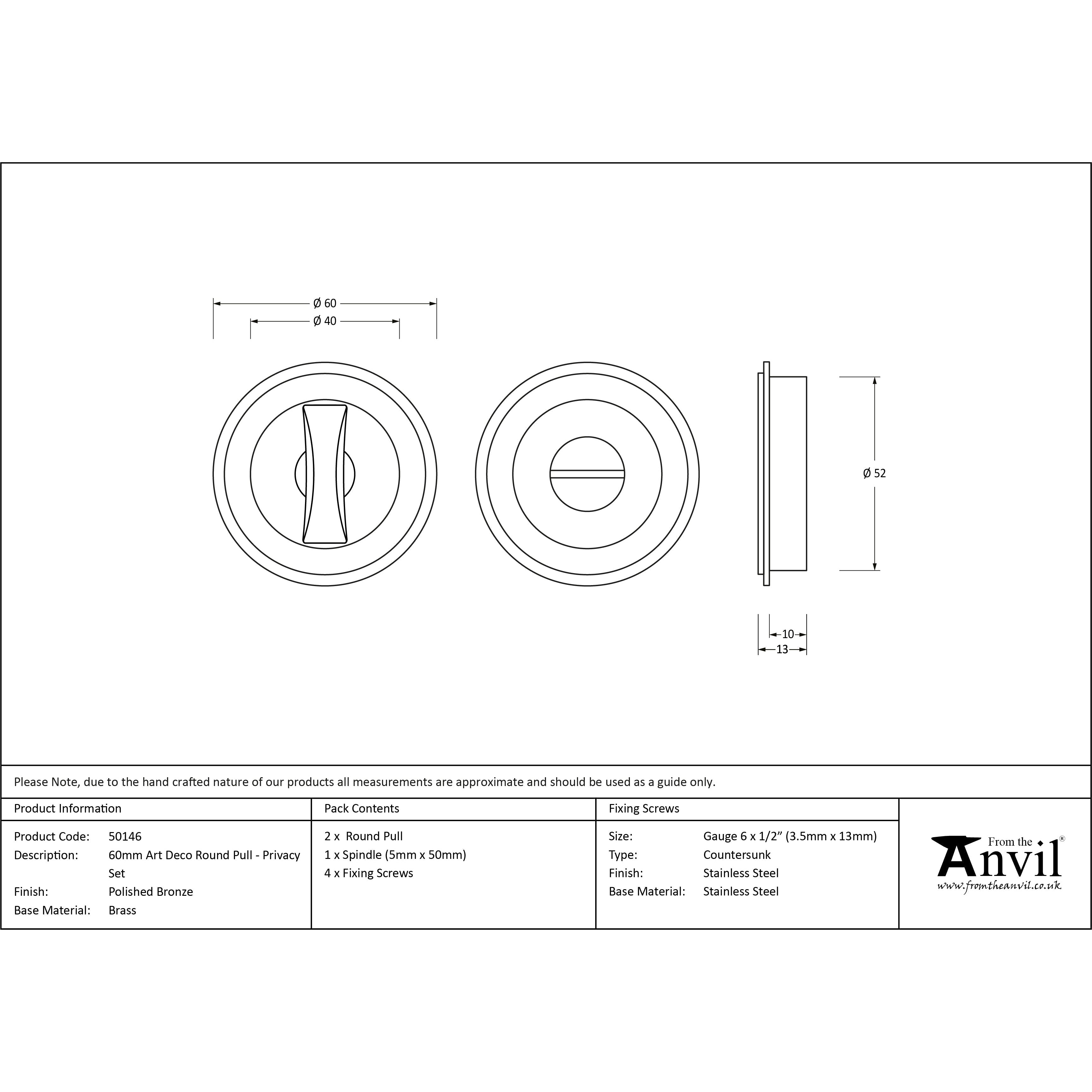 Polished Bronze 60mm Art Deco Round Pull - Privacy Set | From The Anvil-Cabinet Pulls-Yester Home