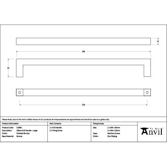 Polished Bronze Albers Pull Handle - Large - Pull Handles - From The Anvil - Yester Home