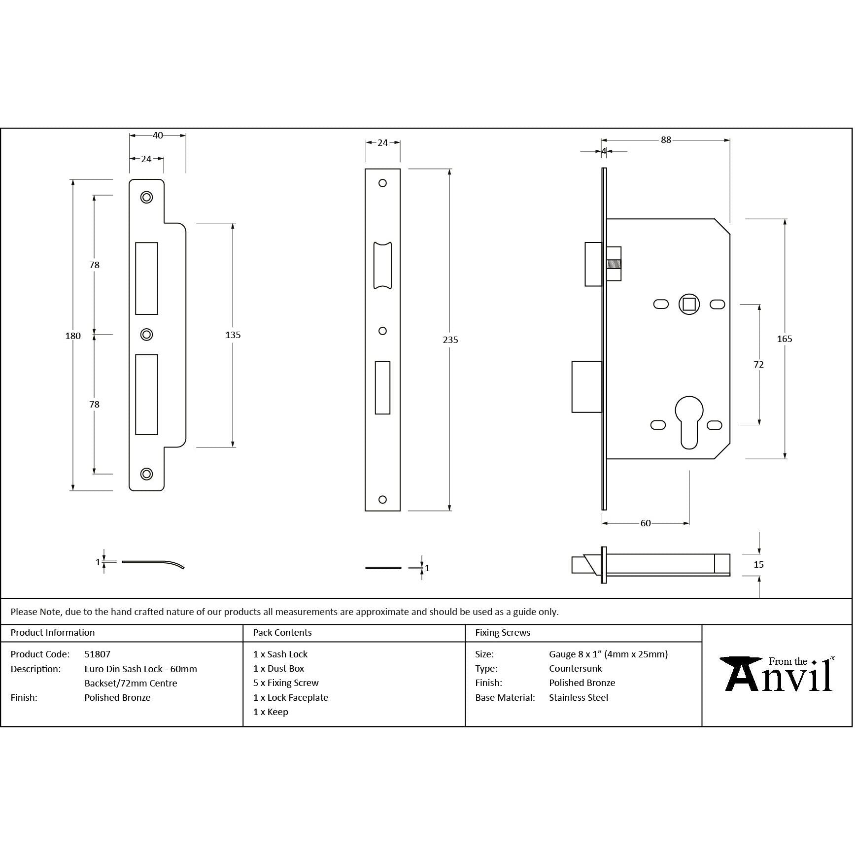 Polished Bronze Euro Din Sash Lock - 60mm Backset/72mm Centre - Euro Locks - From The Anvil - Yester Home