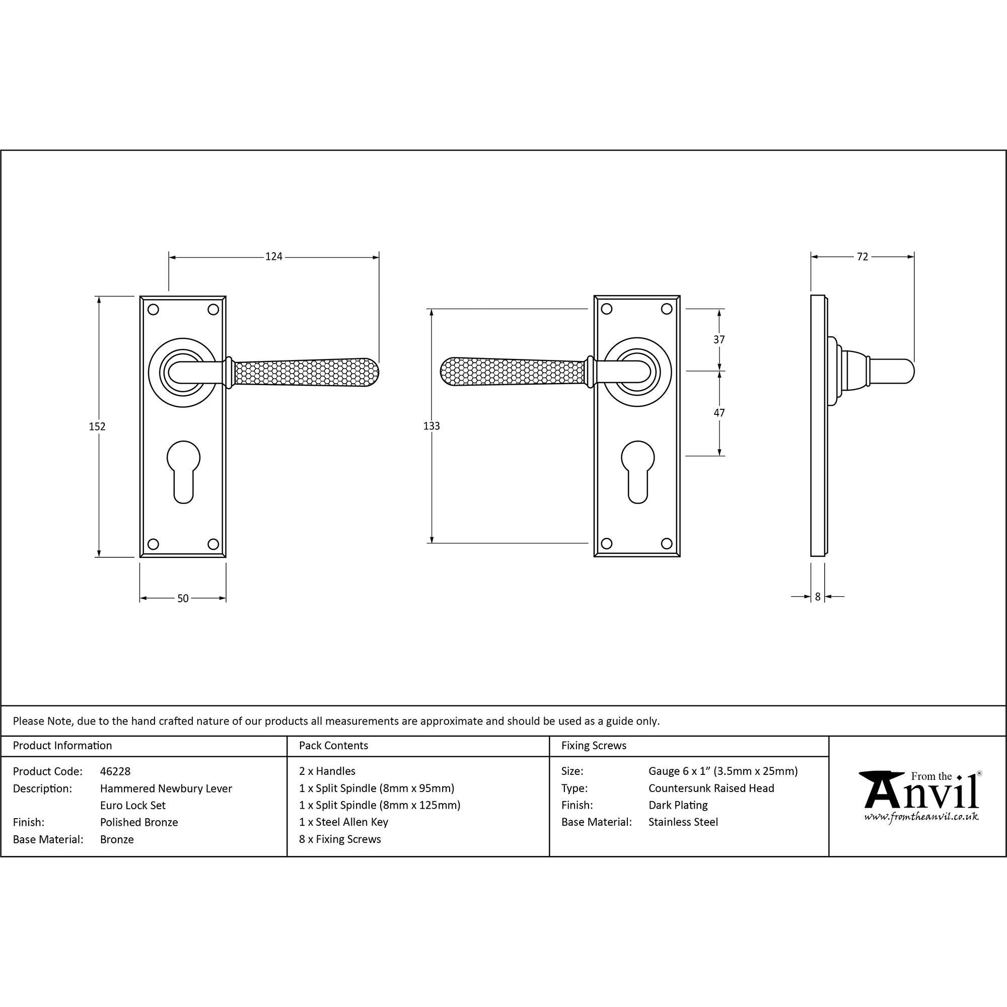Polished Bronze Hammered Newbury Lever Euro Lock Set | From The Anvil - Lever Euro - From The Anvil - Yester Home